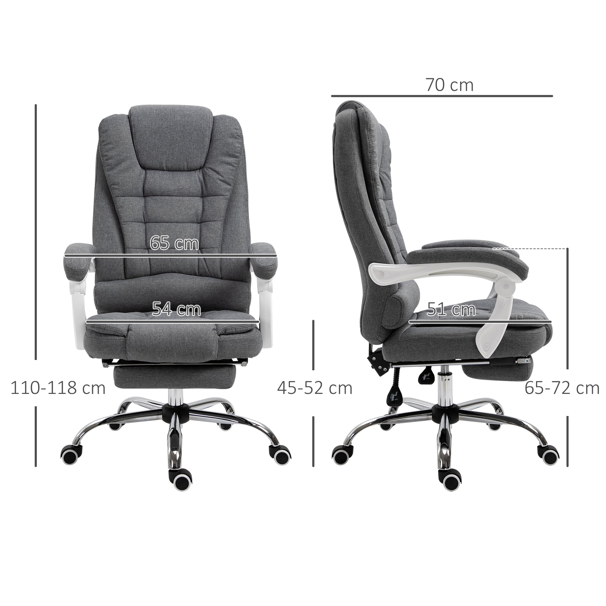 Fauteuil de bureau ergonomique, chaise de bureau avec repose-pied, dossier inclinable, accoudoirs rembourrés, en tissu aspect lin gris