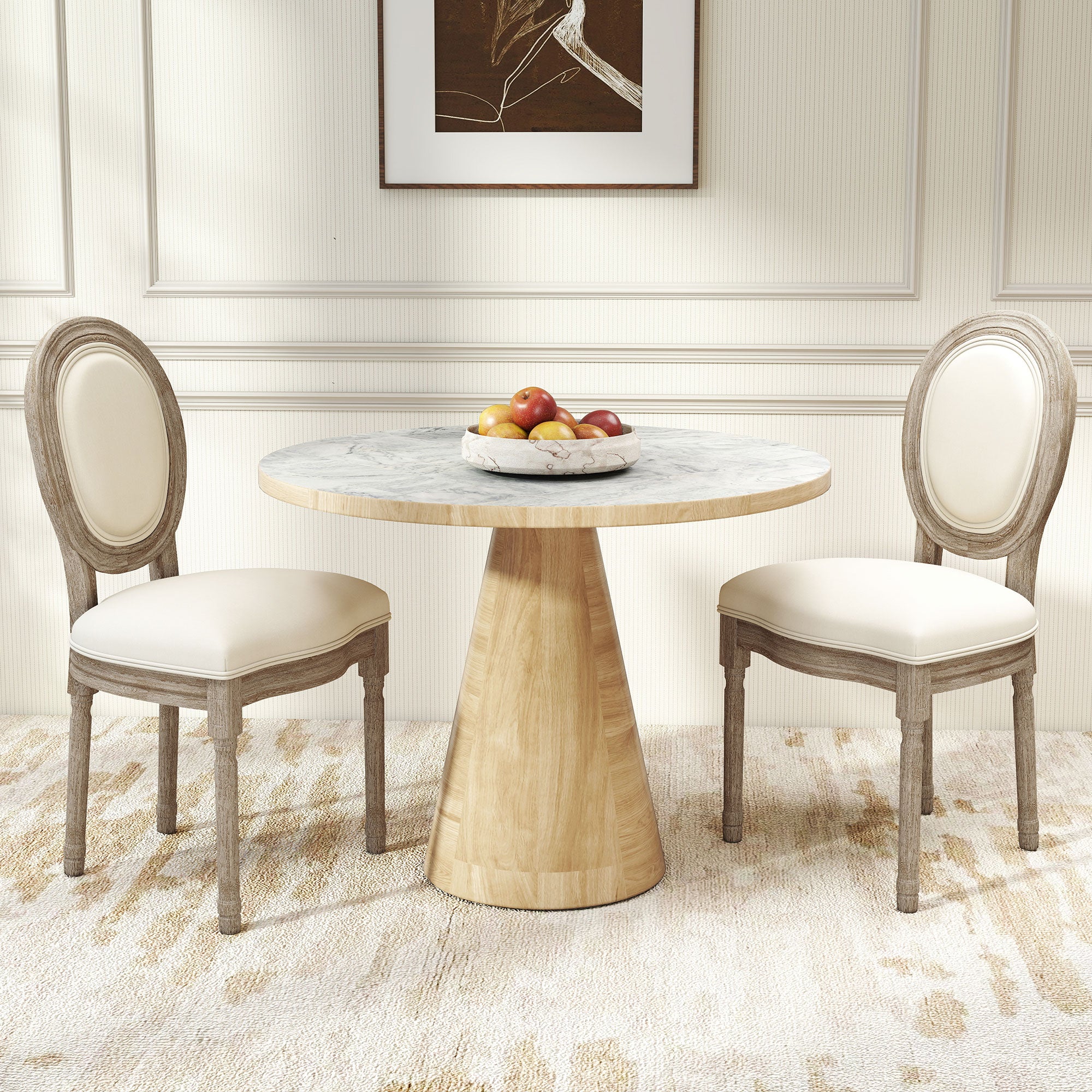 Lot de 2 chaises de Salle à Manger - Chaise de Salon médaillon Style Louis XVI - Bois Massif sculpté, patiné - Aspect Lin Beige