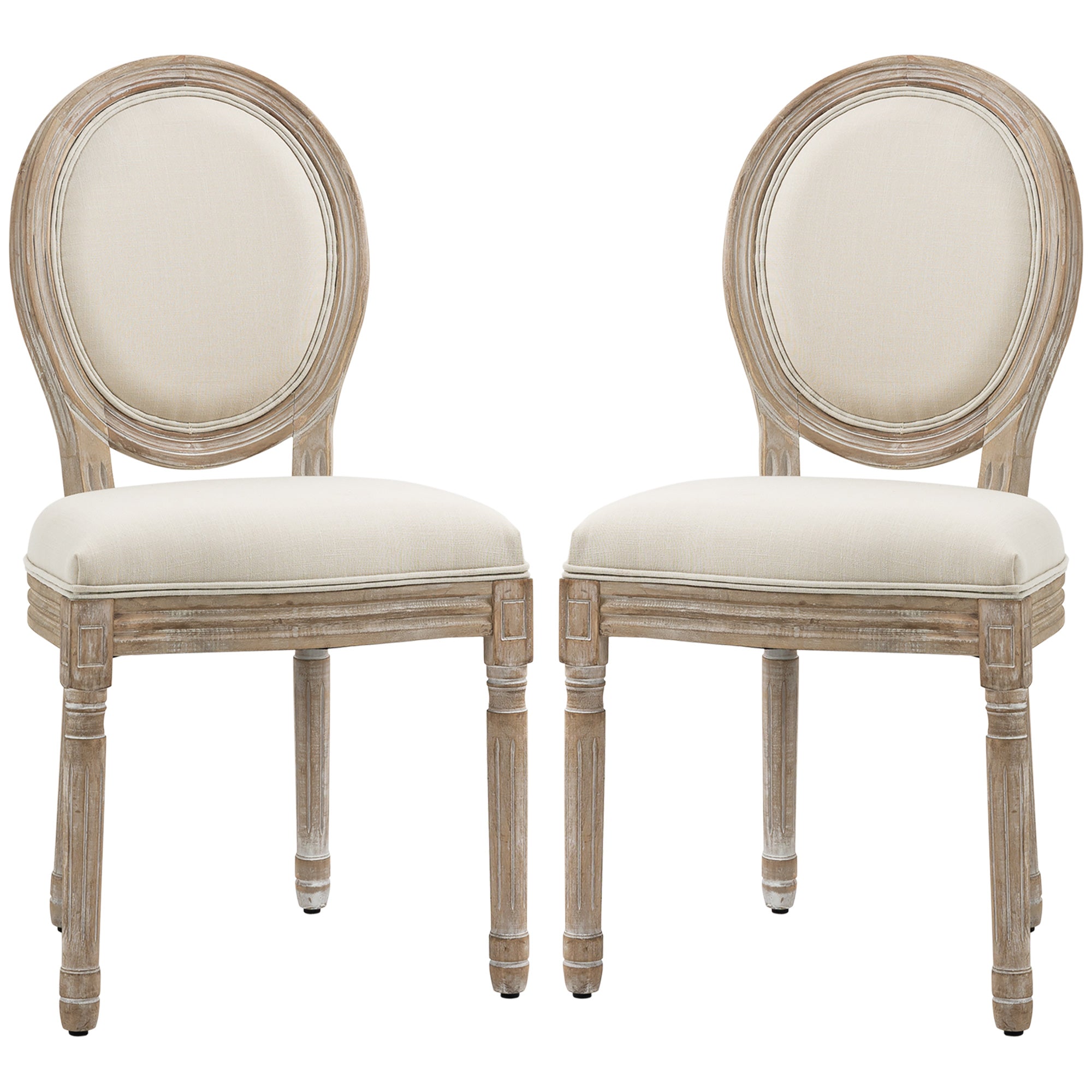 Lot de 2 chaises de Salle à Manger - Chaise de Salon médaillon Style Louis XVI - Bois Massif sculpté, patiné - Aspect Lin Beige