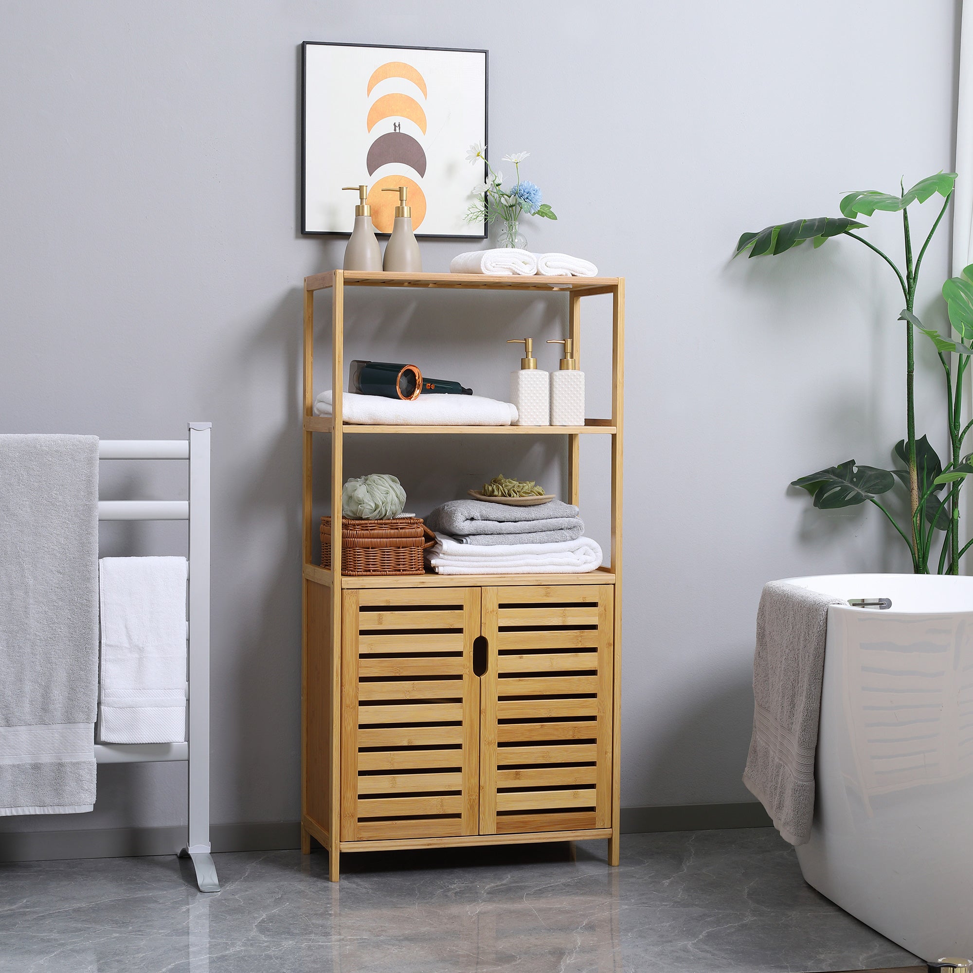Meuble salle de bain en bambou, armoire salle de bain sur pied avec 2 étagères ouvertes et double porte à lattes, meuble de rangement pour salon, chambre, toilette, 60 x 30 x 120 cm, naturel