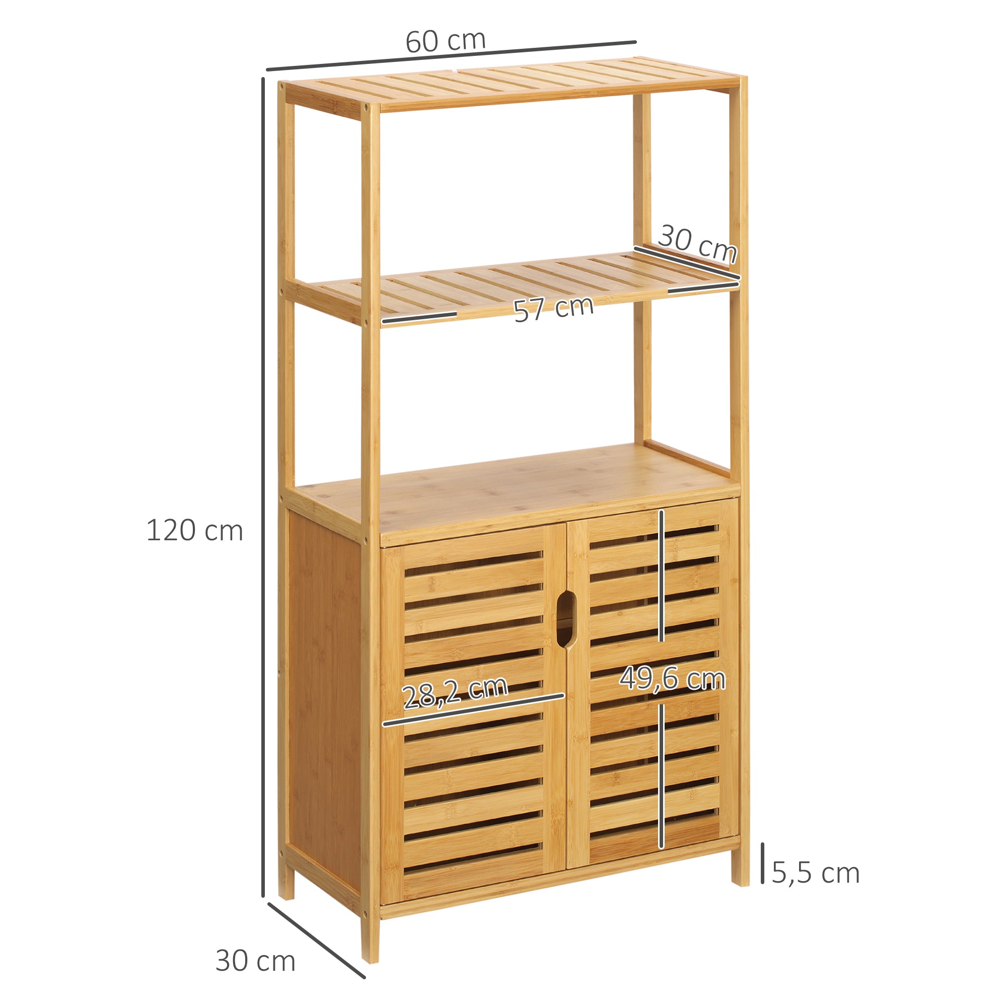Meuble salle de bain en bambou, armoire salle de bain sur pied avec 2 étagères ouvertes et double porte à lattes, meuble de rangement pour salon, chambre, toilette, 60 x 30 x 120 cm, naturel