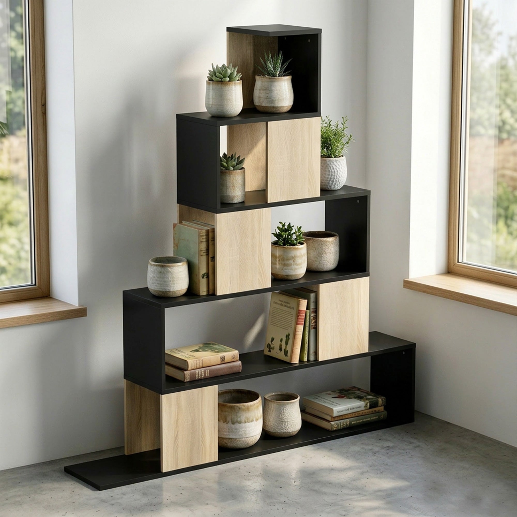 Étagère de rangement, bibliothèque géométrique à 5 niveaux, pour bureau, salon, chambre, 120 x 22 x 131,5 cm, noir et bois naturel