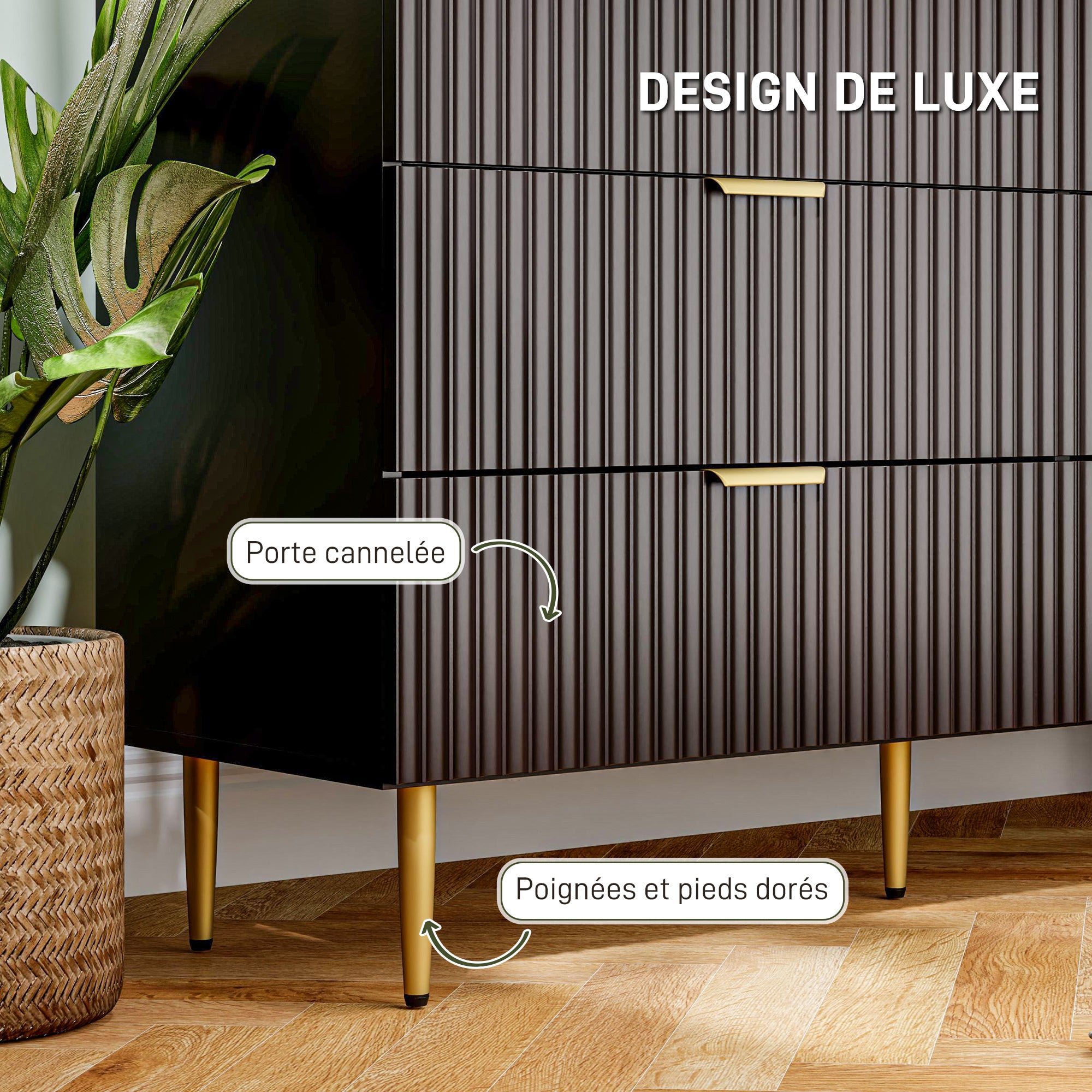 Commode 6 tiroirs commode chambre meuble de rangement moderne avec poignées et pieds dorés, pour chambre à coucher, salon, dim. 120 x 40 x 76,5 cm, noir