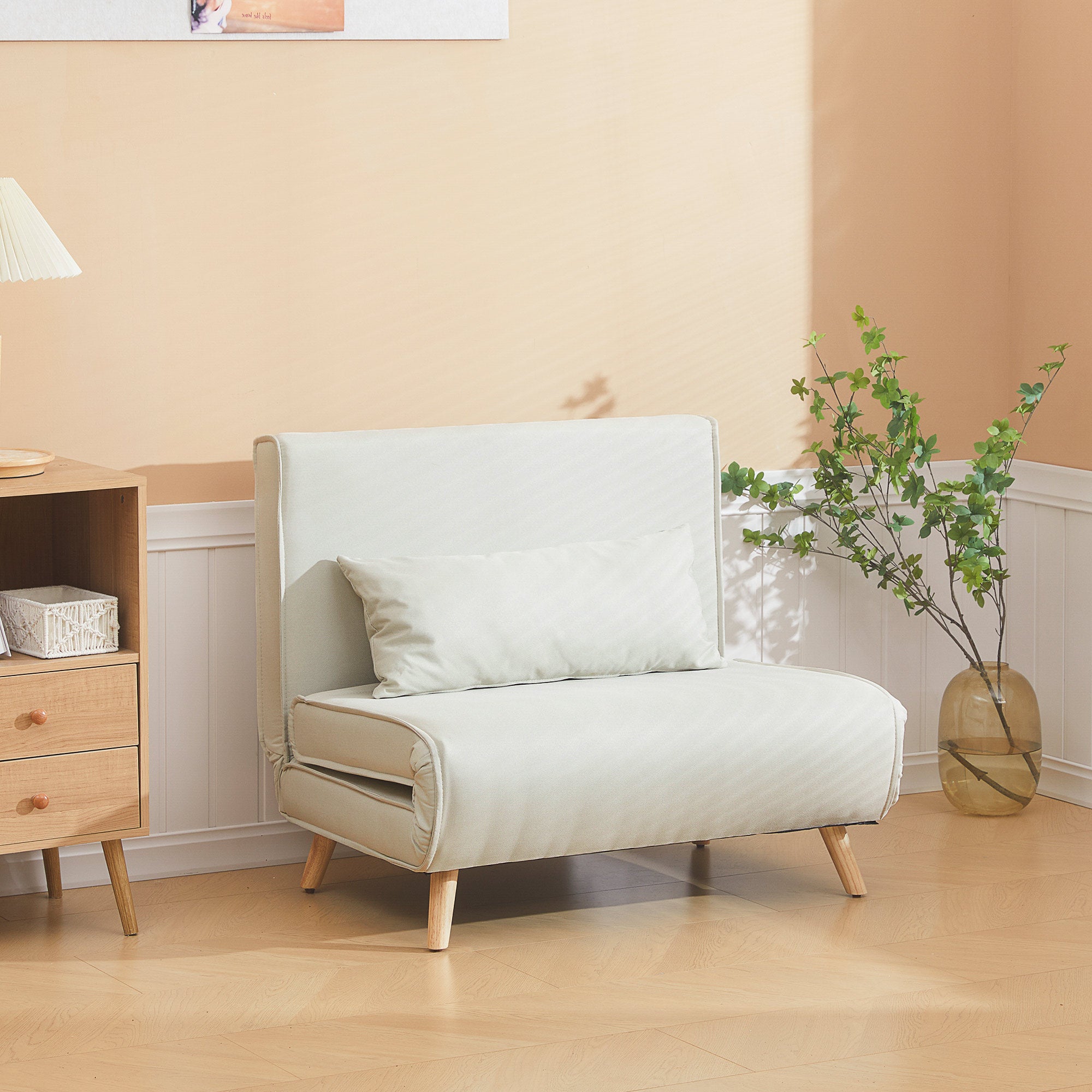 fauteuil convertible 1 place, fauteuil-lit chauffeuse 3 en 1 avec dossier réglable 6 positions, oreiller, siège rembourré, tissu en lin, canapé-lit pour invités, salon, bureau, crème