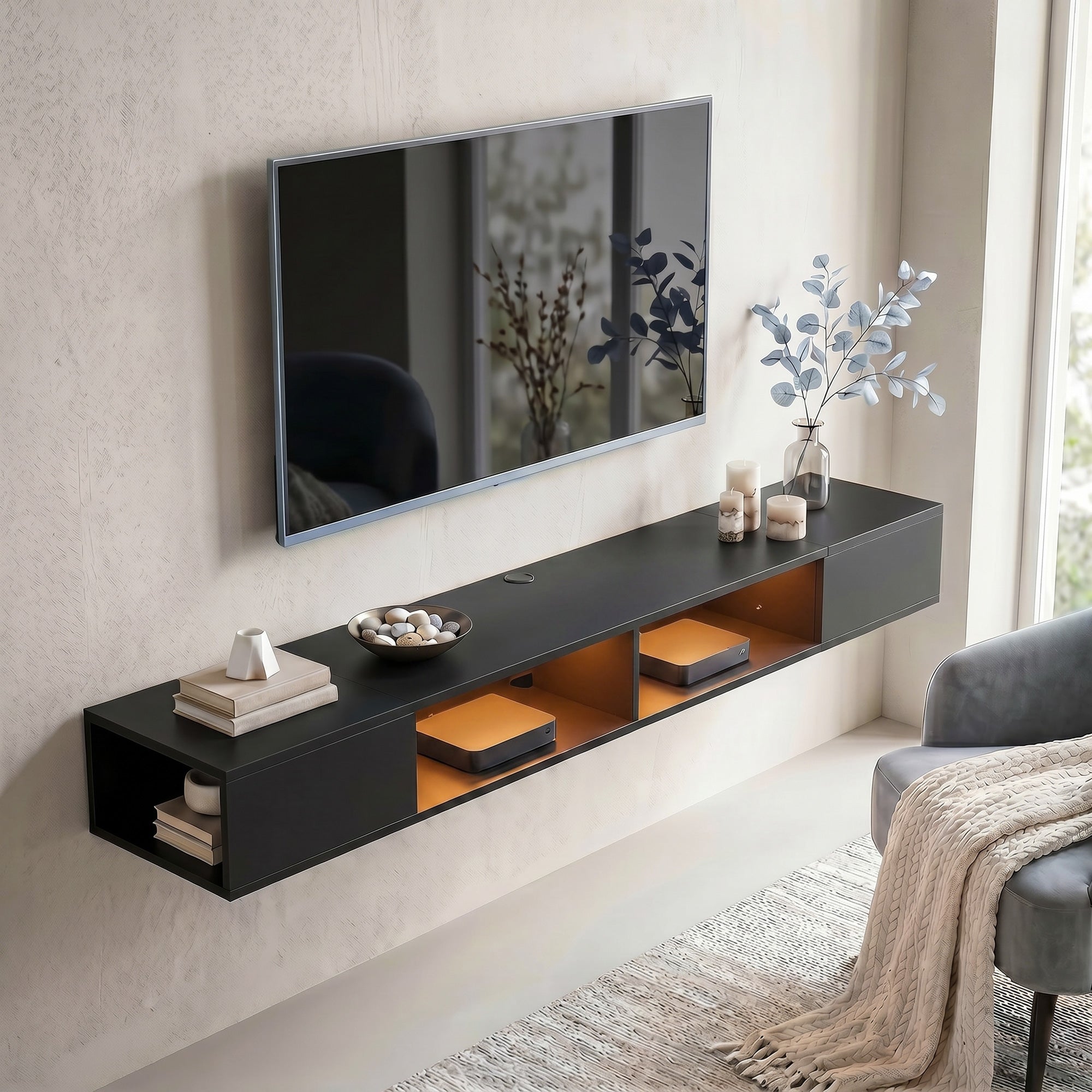 Meuble TV suspendu 180 cm avec éclairage LED RGB, meuble télé pour téléviseur jusqu'à 75 pouces avec étagères ouvertes, banc TV mural pour salon, noir