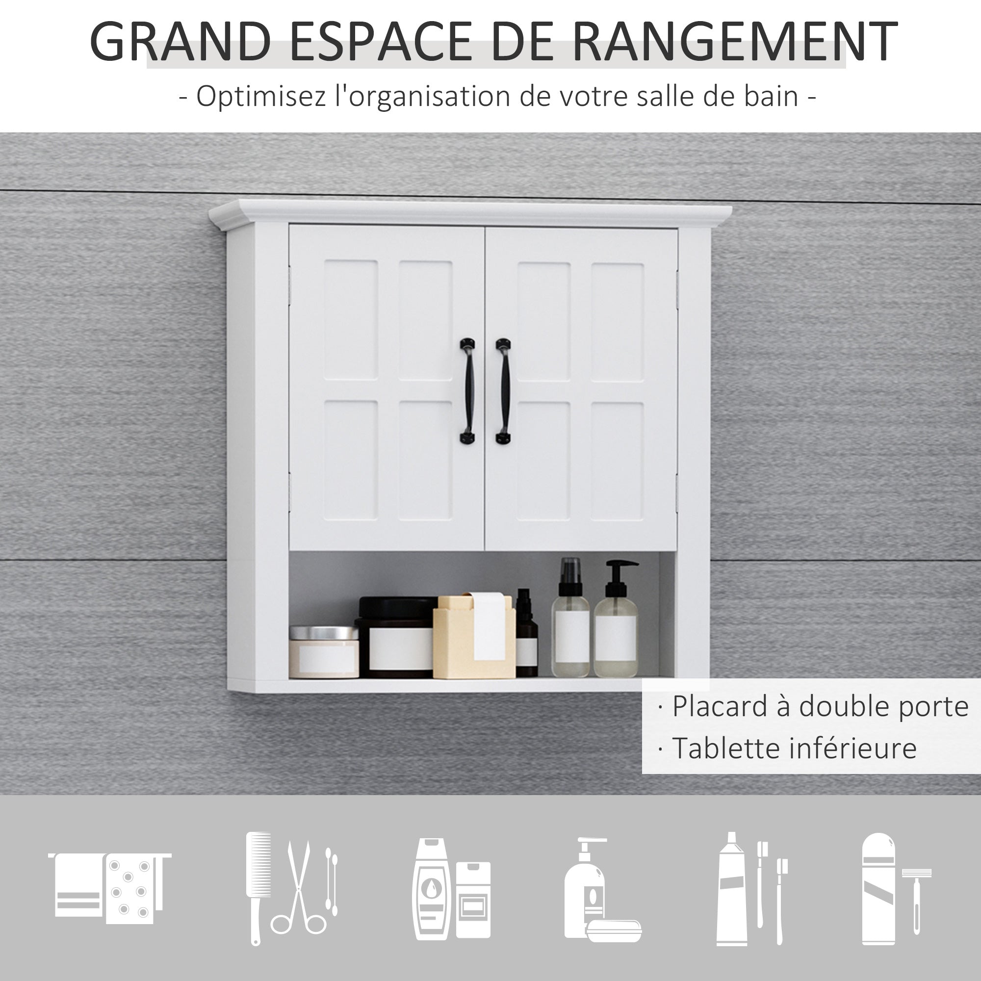 Armoire Haute Murale de Salle de Bain ou WC Placard 2 Portes 2 étagères Niche dim. 60L x 20l x 58H cm MDF Panneaux Particules Blanc