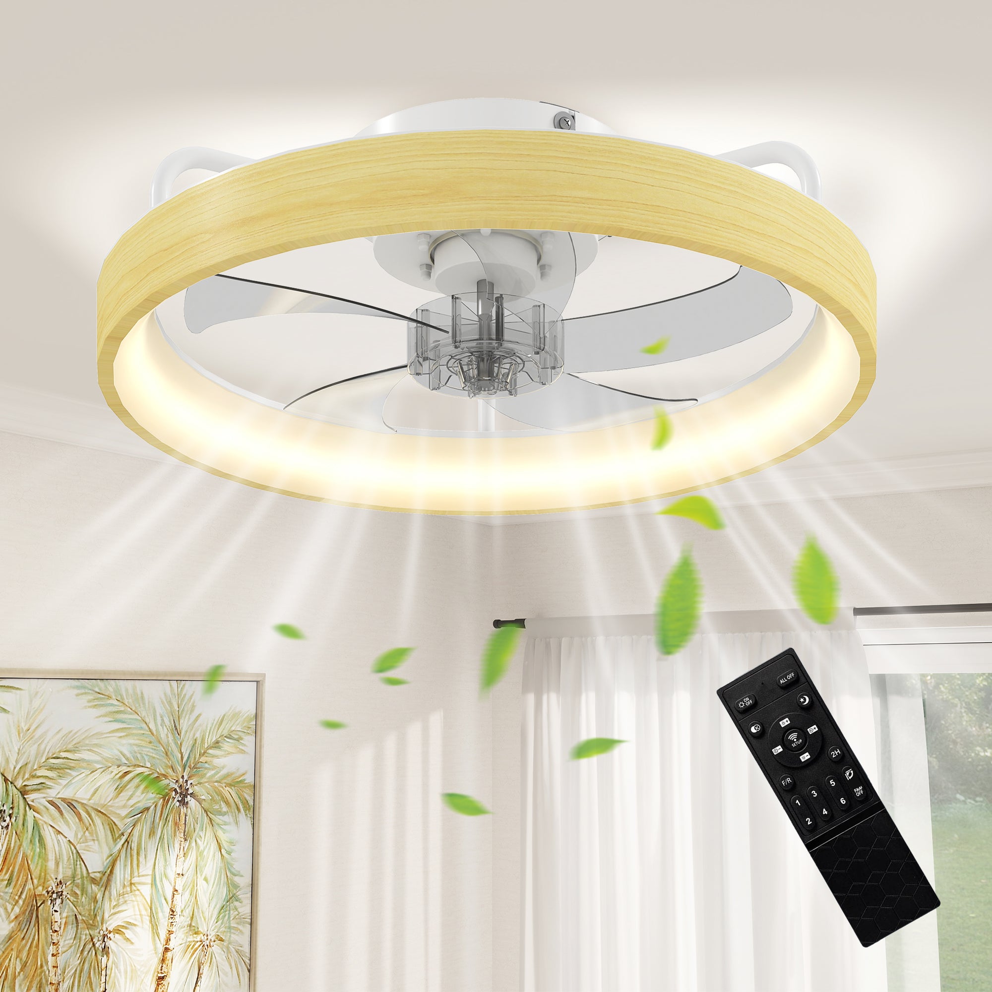 Ventilateur de plafond avec lumière LED plafonnier ventilateur Ø49 cm 7 pales moteur DC silencieux 6 vitesses 3 températures de couleur luminosité réglable télécommande minuterie mode été-hiver