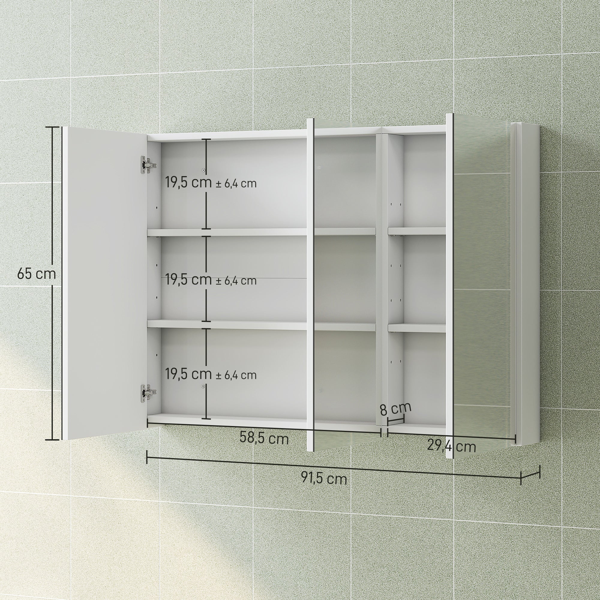 Armoire murale salle de bain avec miroir, 91,5 x 11,5 x 65 cm, meuble salle de bain, armoire de toilette avec 3 portes miroir et 4 étagères réglables, blanc