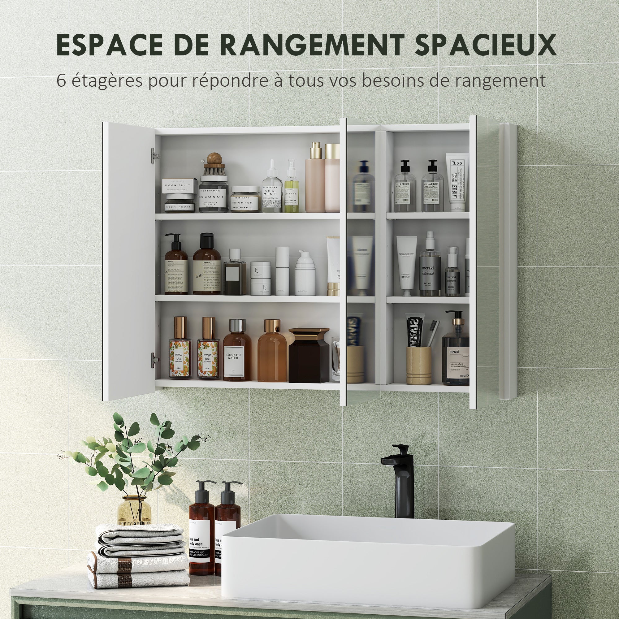 Armoire murale salle de bain avec miroir, 91,5 x 11,5 x 65 cm, meuble salle de bain, armoire de toilette avec 3 portes miroir et 4 étagères réglables, blanc