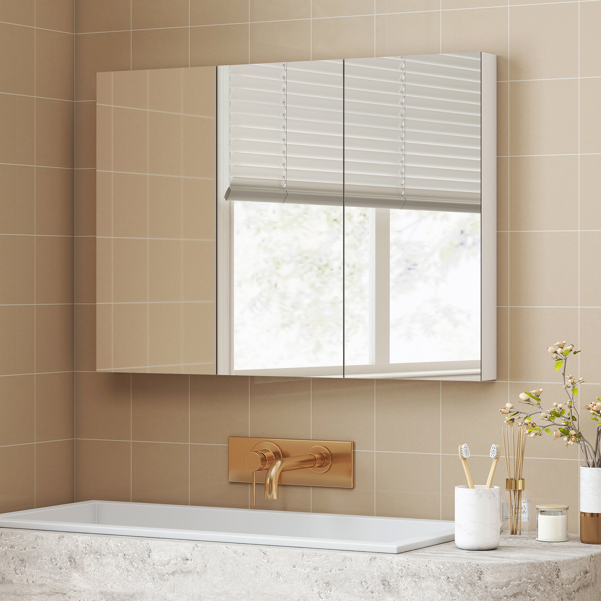 Armoire murale salle de bain avec miroir, 91,5 x 11,5 x 65 cm, meuble salle de bain, armoire de toilette avec 3 portes miroir et 4 étagères réglables, blanc