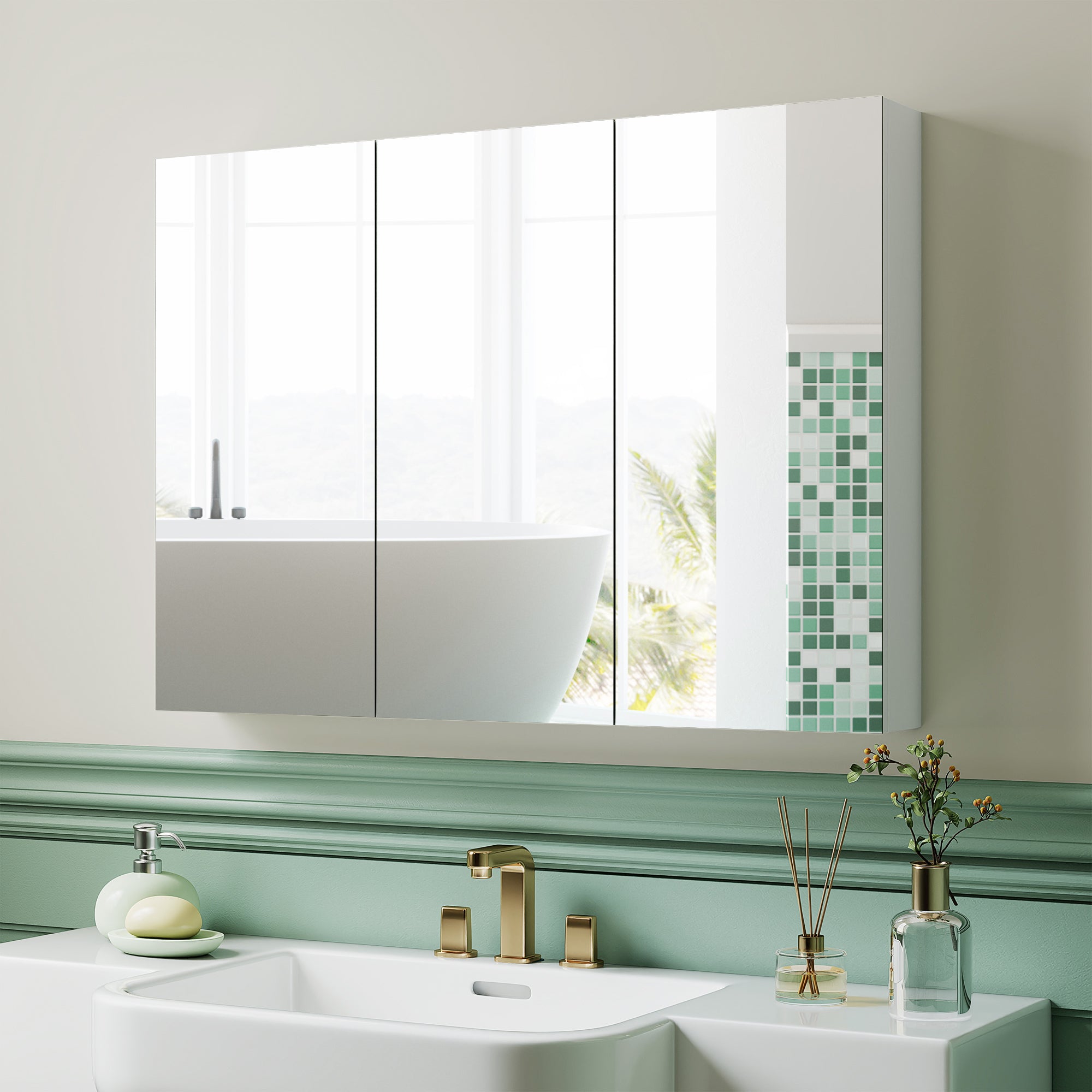 Armoire murale salle de bain avec miroir, 91,5 x 11,5 x 65 cm, meuble salle de bain, armoire de toilette avec 3 portes miroir et 4 étagères réglables, blanc