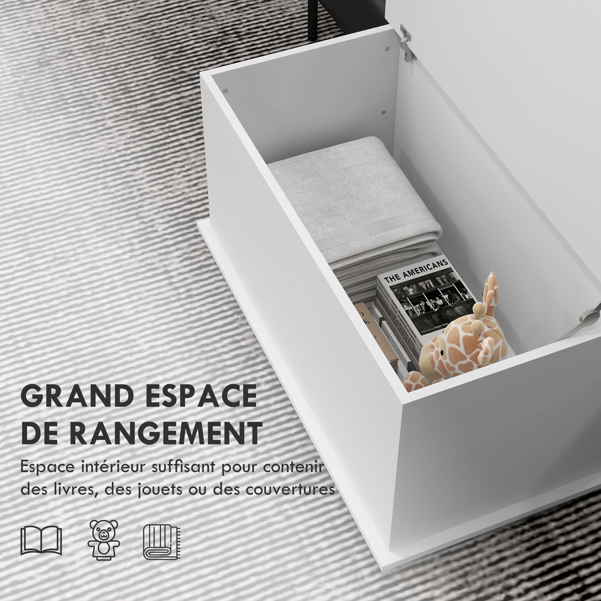 Coffre de rangement, banc de rangement avec couvercle rabattable et charnières de sécurité, banc chaussures, meuble d'entrée, couloir, chambre, salon, 80 x 40 x 40 cm, blanc