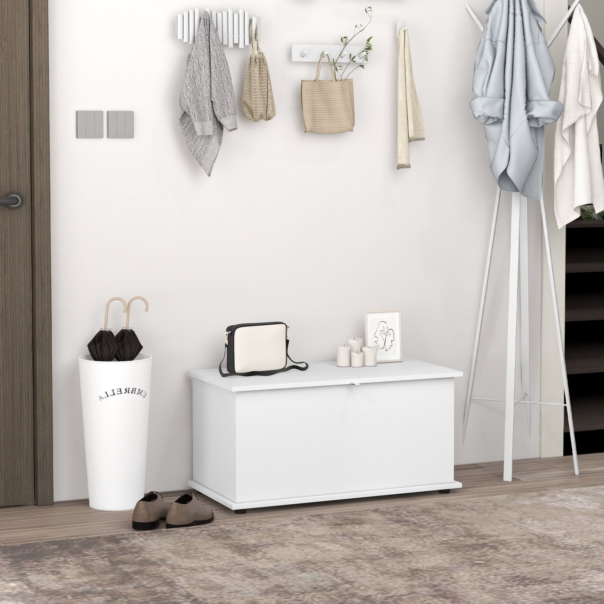 Coffre de rangement, banc de rangement avec couvercle rabattable et charnières de sécurité, banc chaussures, meuble d'entrée, couloir, chambre, salon, 80 x 40 x 40 cm, blanc
