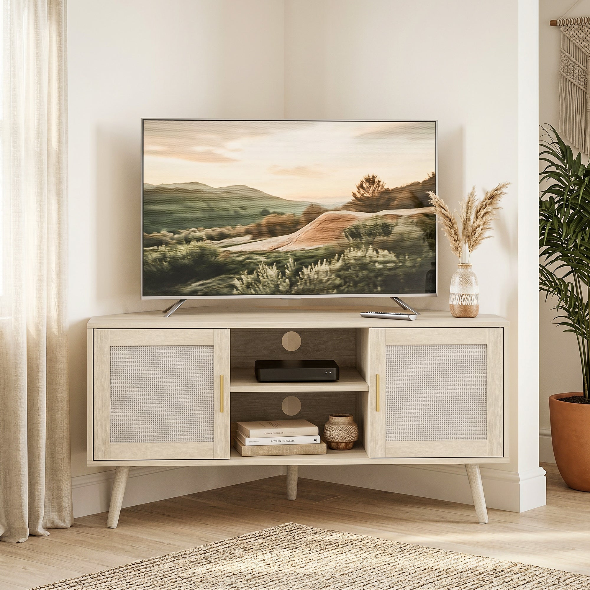 Meuble TV d'Angle 115 cm, Meuble Télé pour Téléviseur jusqu'à 65 Pouces avec 2 Portes en Rotin et 2 Compartiments Ouverts, Pieds en Bois de Pin, Style Bohème, Banc TV pour Salon, Chambre, Chêne