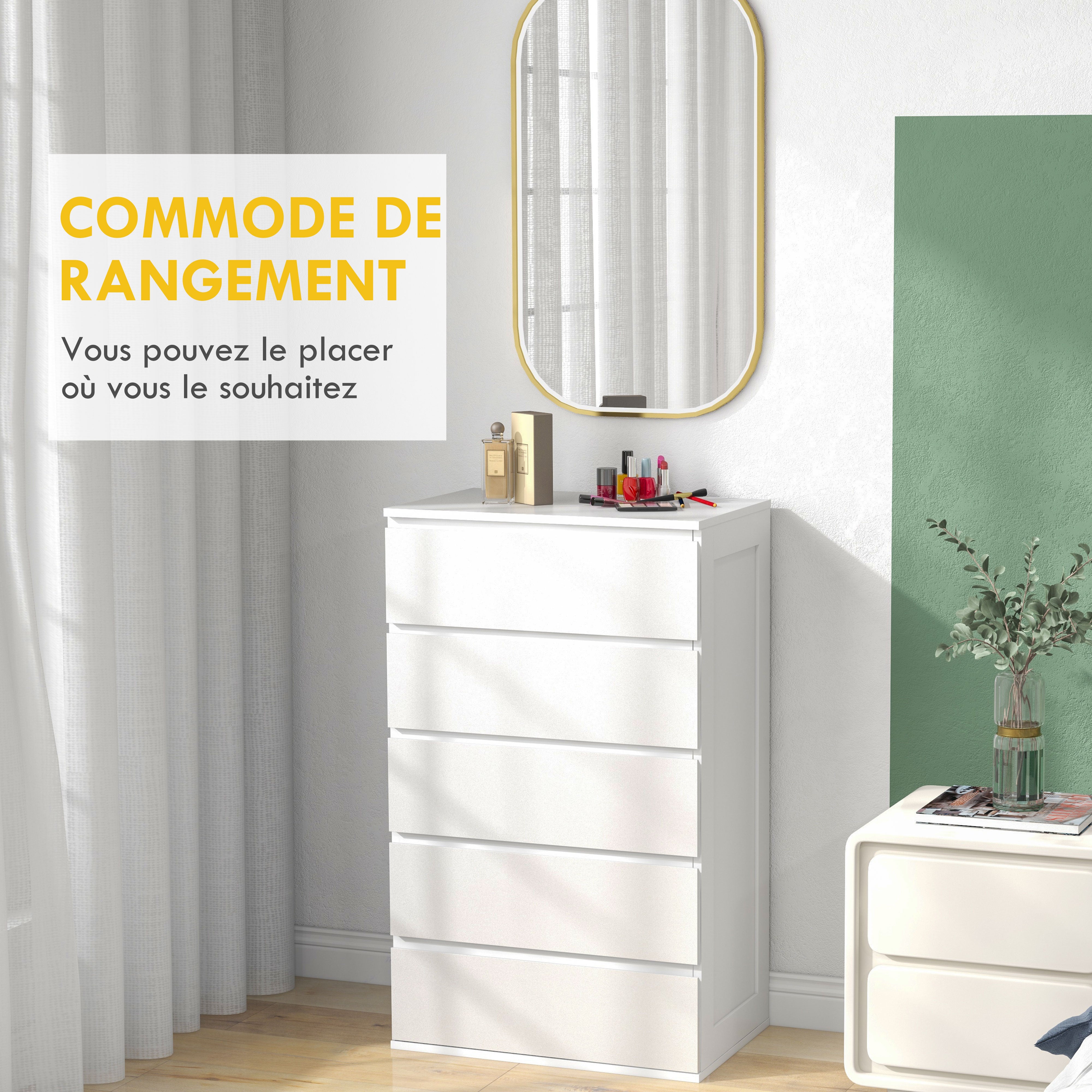 Commode 5 tiroirs commode chambre meuble de rangement épuré style moderne avec mécanisme de fermeture en douceur, pour chambre à coucher, salon - 60 x 38 x 100 cm, blanc