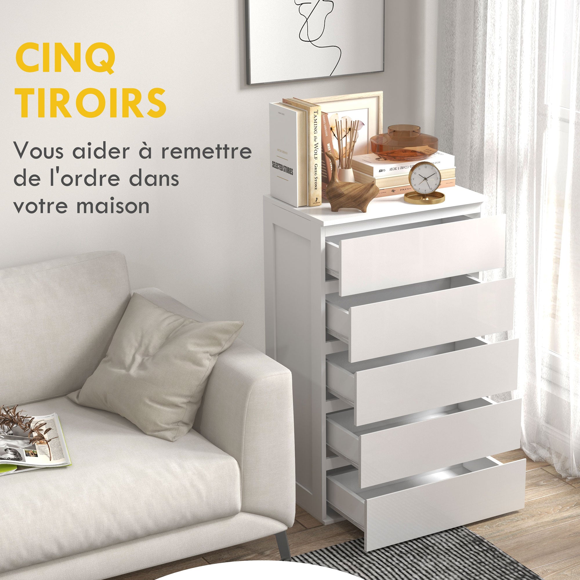 Commode 5 tiroirs commode chambre meuble de rangement épuré style moderne avec mécanisme de fermeture en douceur, pour chambre à coucher, salon - 60 x 38 x 100 cm, blanc