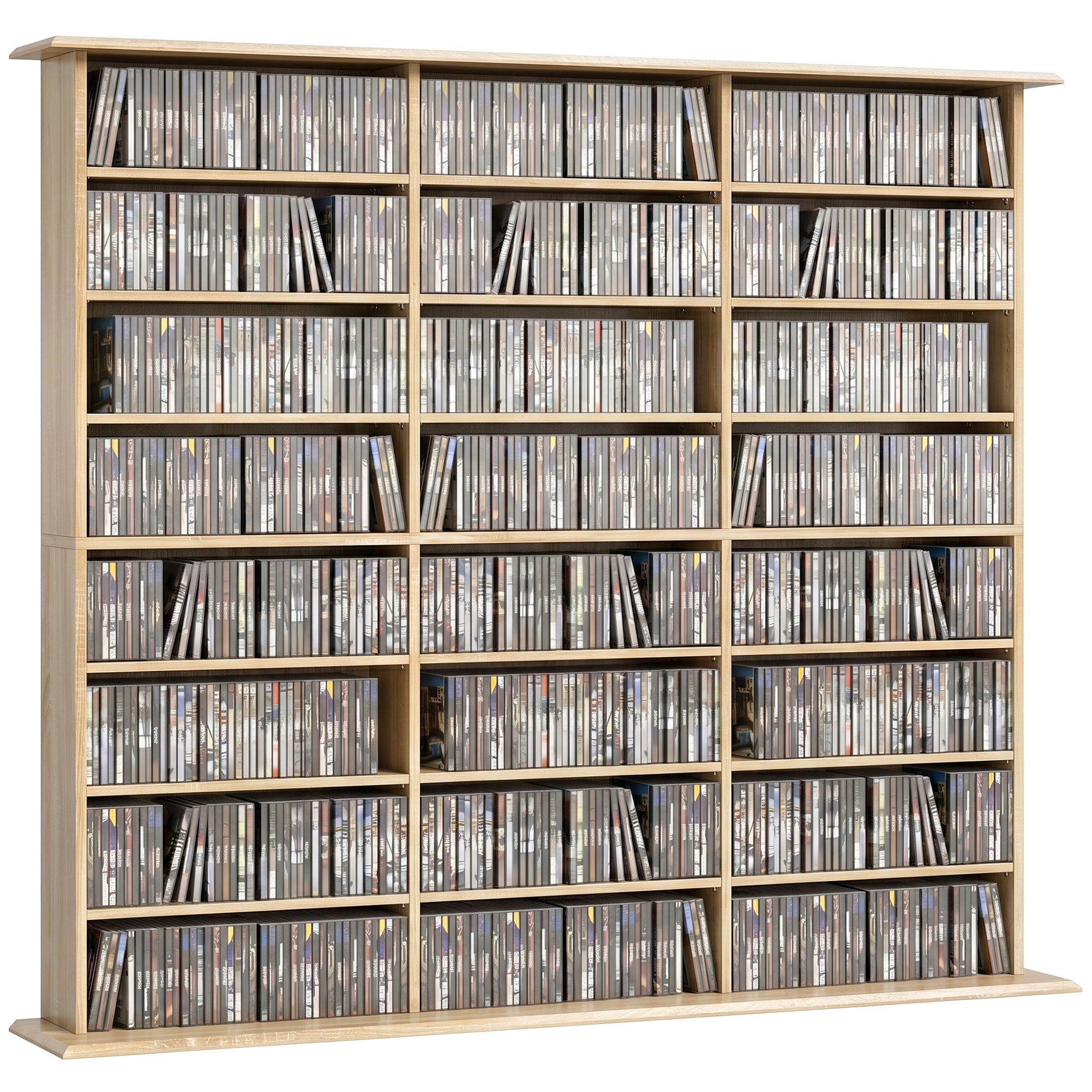 Rangements pour CD et DVD, Meuble de Rangement Multimédia, Capacité Max. 1032 CDs/594 DVDs et Blu-ray, 24 Compartiments et 18 Étagères Réglables, pour Salon, Chambre, 145x24x126,3cm, Chêne