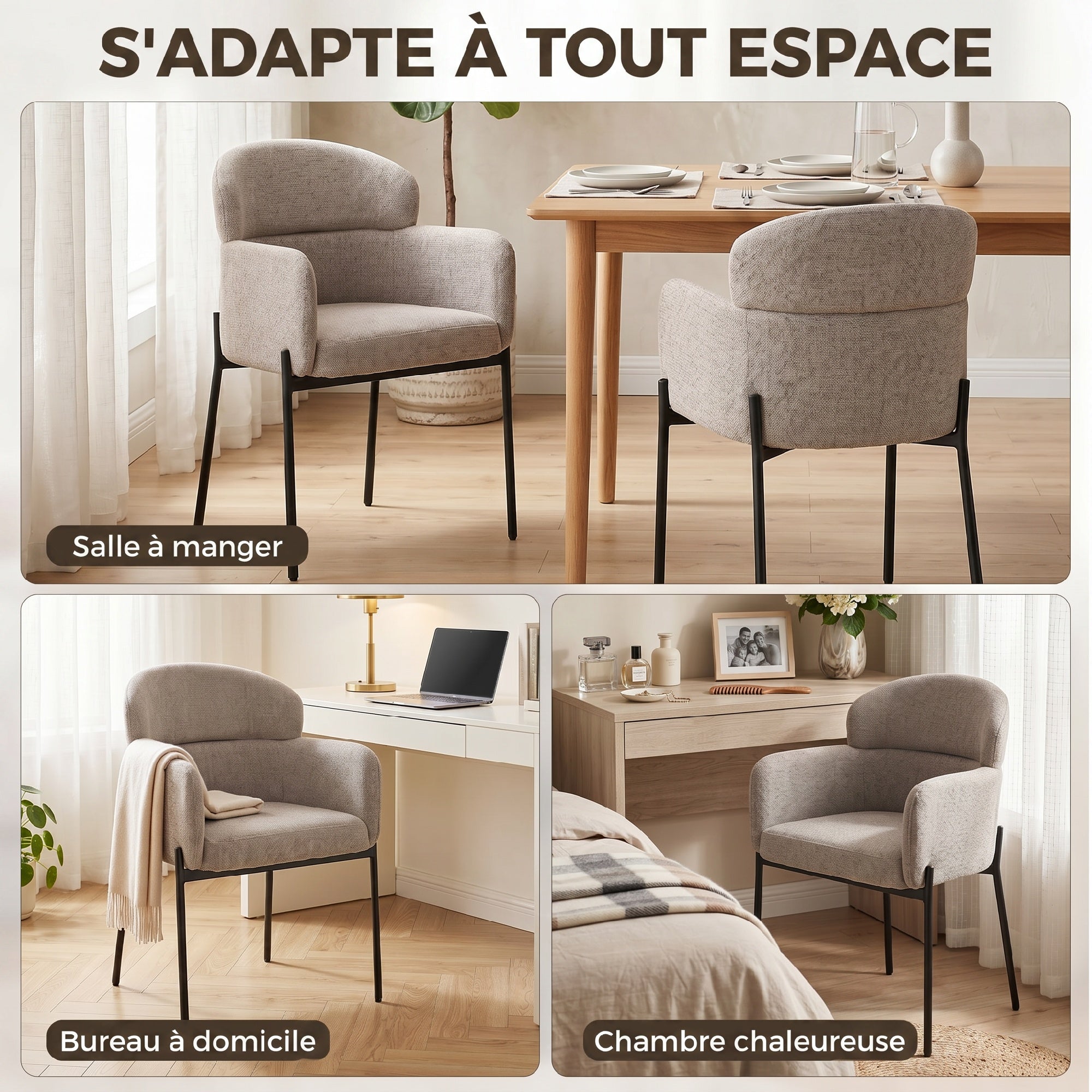 Fauteuil Salon, Fauteuil d'Appoint Rembourré en Chenille avec Dossier Courbé et Accoudoirs, Pieds en Métal, Style Moderne, Chaise de Chambre, Coins Lecture, Petit Espace, Marron Clair