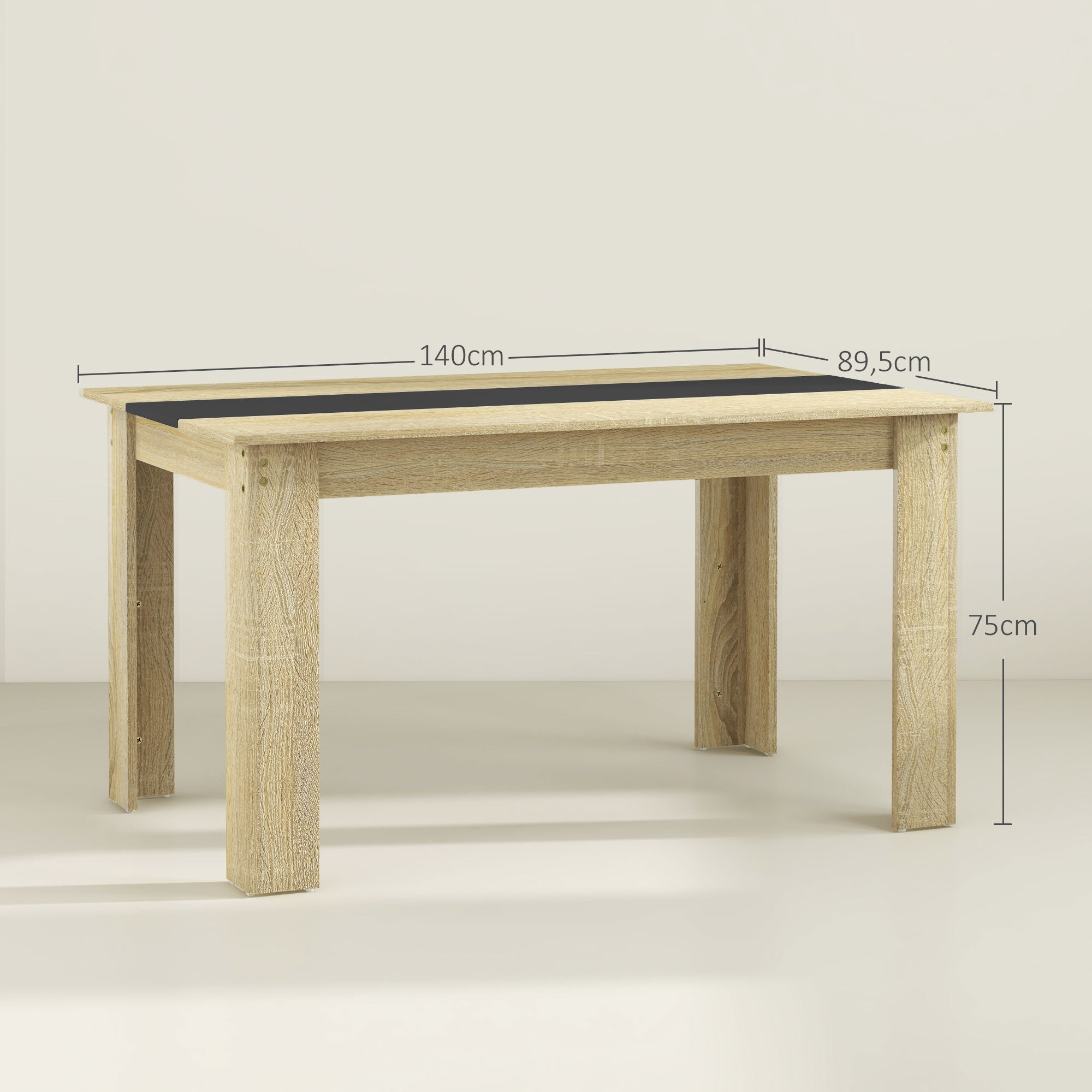 Table de salle à manger table de cuisine pour 6 personnes, style scandinave en bois aspect naturel et noir, dim. 140L x 90l x 75H cm