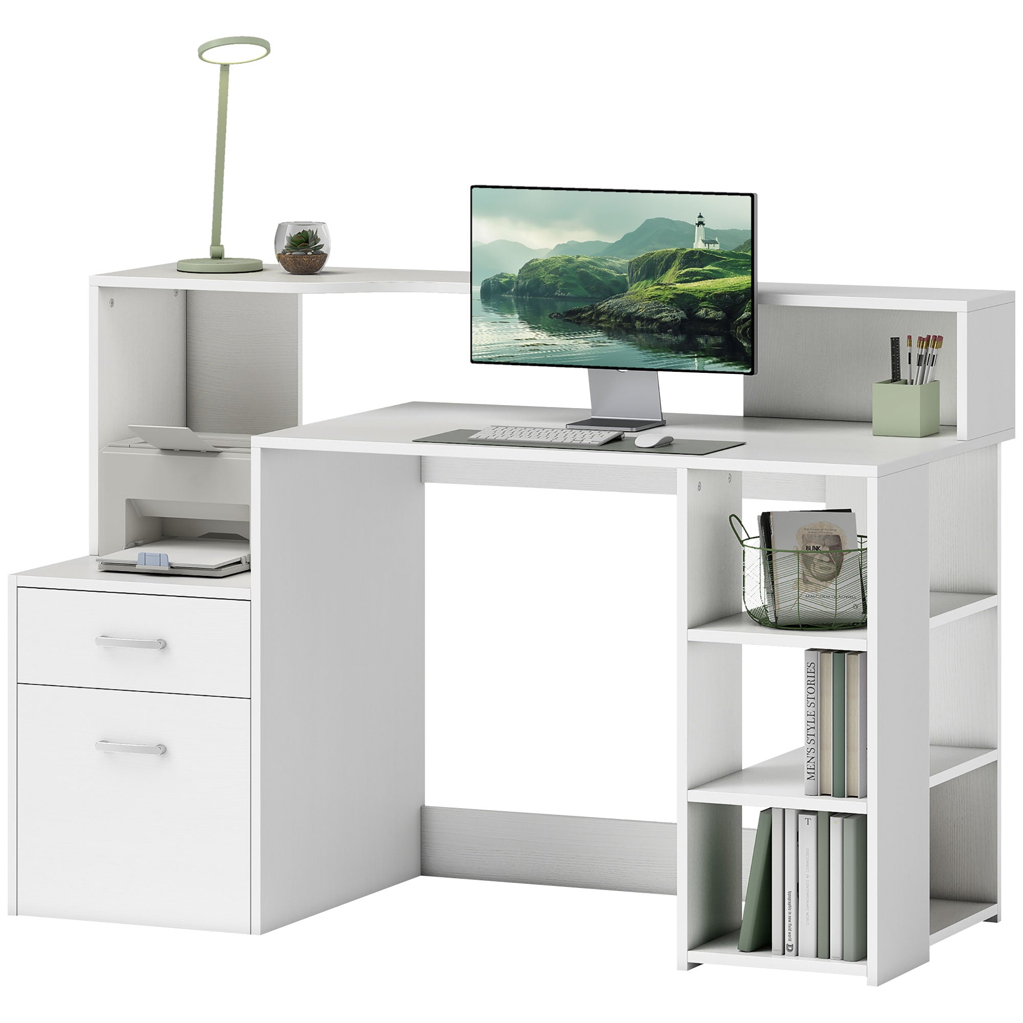 Bureau informatique avec 2 tiroirs, bureau avec rangement, 137 x 55 x 92 cm, étagères ouvertes et tablette d'imprimante, style moderne, table d'ordinateur pour chambre, studio, blanc