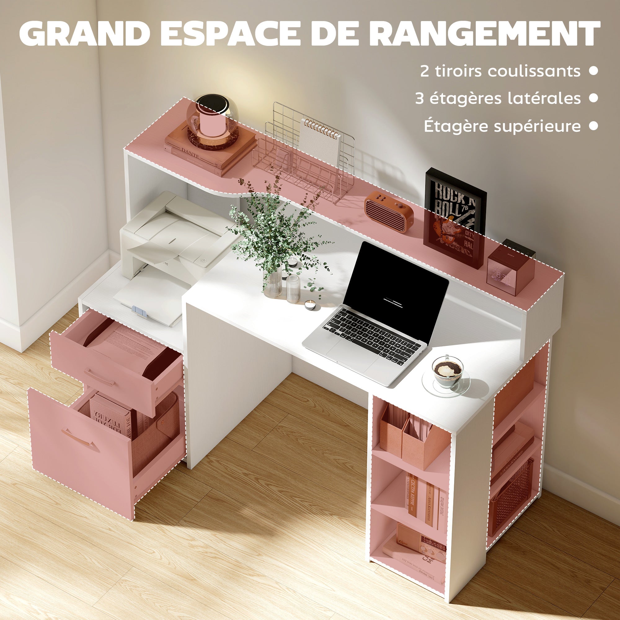 Bureau informatique avec 2 tiroirs, bureau avec rangement, 137 x 55 x 92 cm, étagères ouvertes et tablette d'imprimante, style moderne, table d'ordinateur pour chambre, studio, blanc