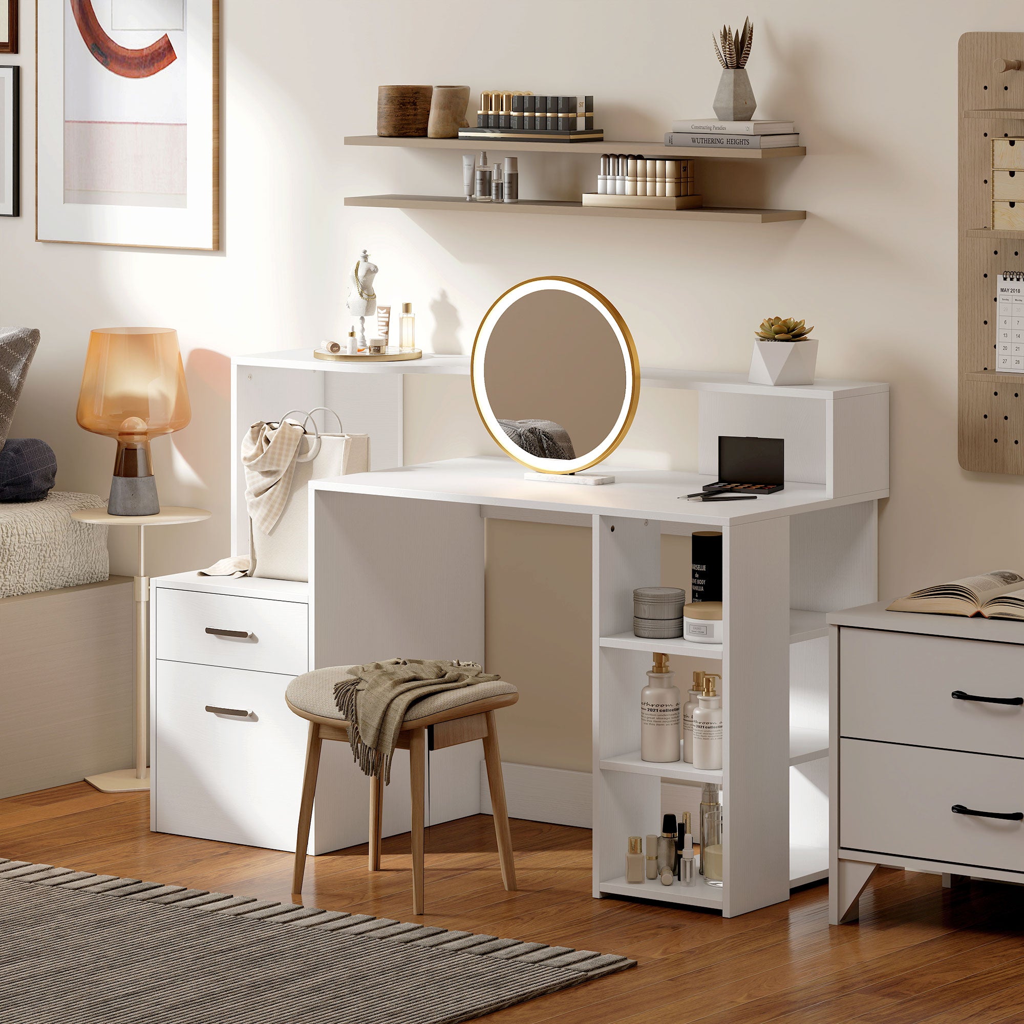 Bureau informatique avec 2 tiroirs, bureau avec rangement, 137 x 55 x 92 cm, étagères ouvertes et tablette d'imprimante, style moderne, table d'ordinateur pour chambre, studio, blanc