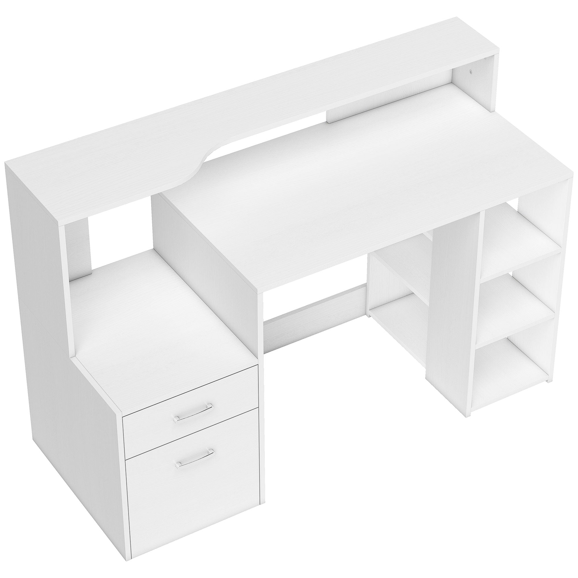 Bureau informatique avec 2 tiroirs, bureau avec rangement, 137 x 55 x 92 cm, étagères ouvertes et tablette d'imprimante, style moderne, table d'ordinateur pour chambre, studio, blanc