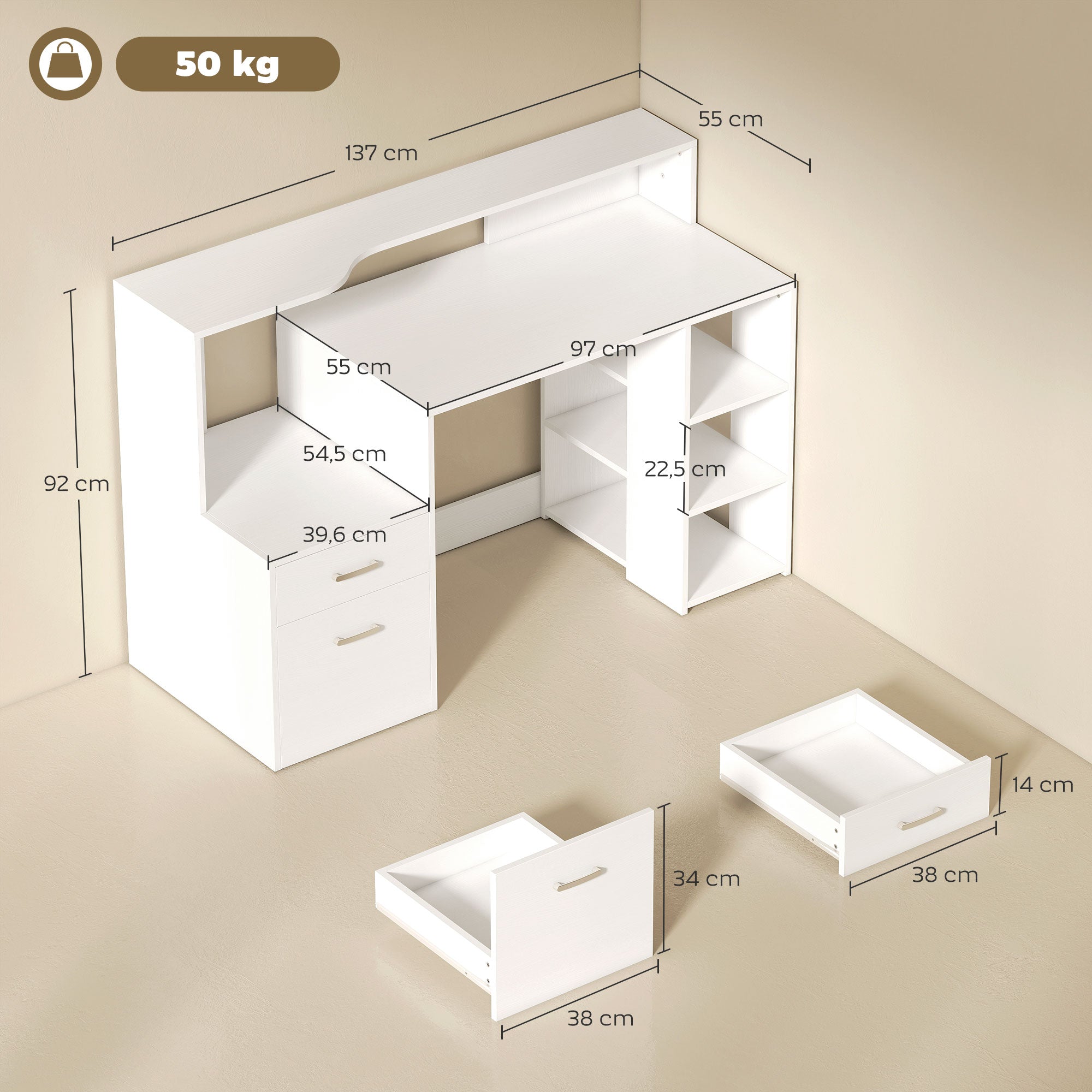 Bureau informatique avec 2 tiroirs, bureau avec rangement, 137 x 55 x 92 cm, étagères ouvertes et tablette d'imprimante, style moderne, table d'ordinateur pour chambre, studio, blanc