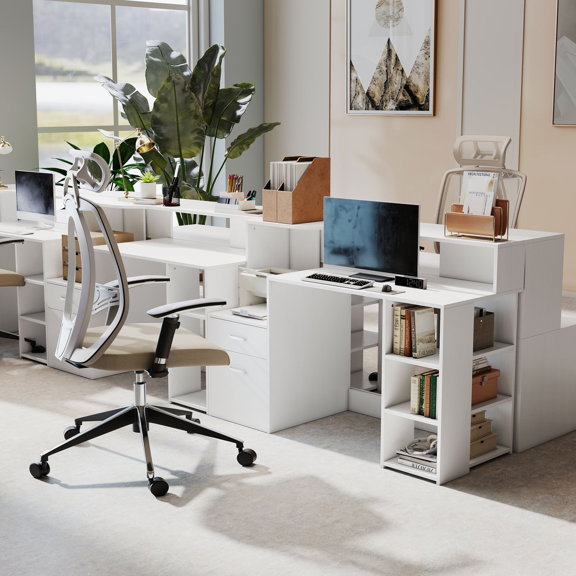 Bureau informatique avec 2 tiroirs, bureau avec rangement, 137 x 55 x 92 cm, étagères ouvertes et tablette d'imprimante, style moderne, table d'ordinateur pour chambre, studio, blanc