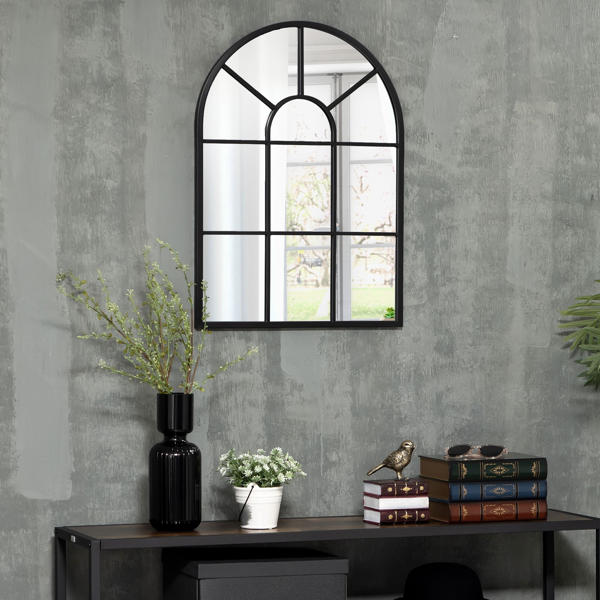 Miroir mural arqué 70 x 50 cm, miroir verrière arche style industriel, miroir de fenêtre arqué avec cadre métallique, pour salon, chambre, couloir, noir