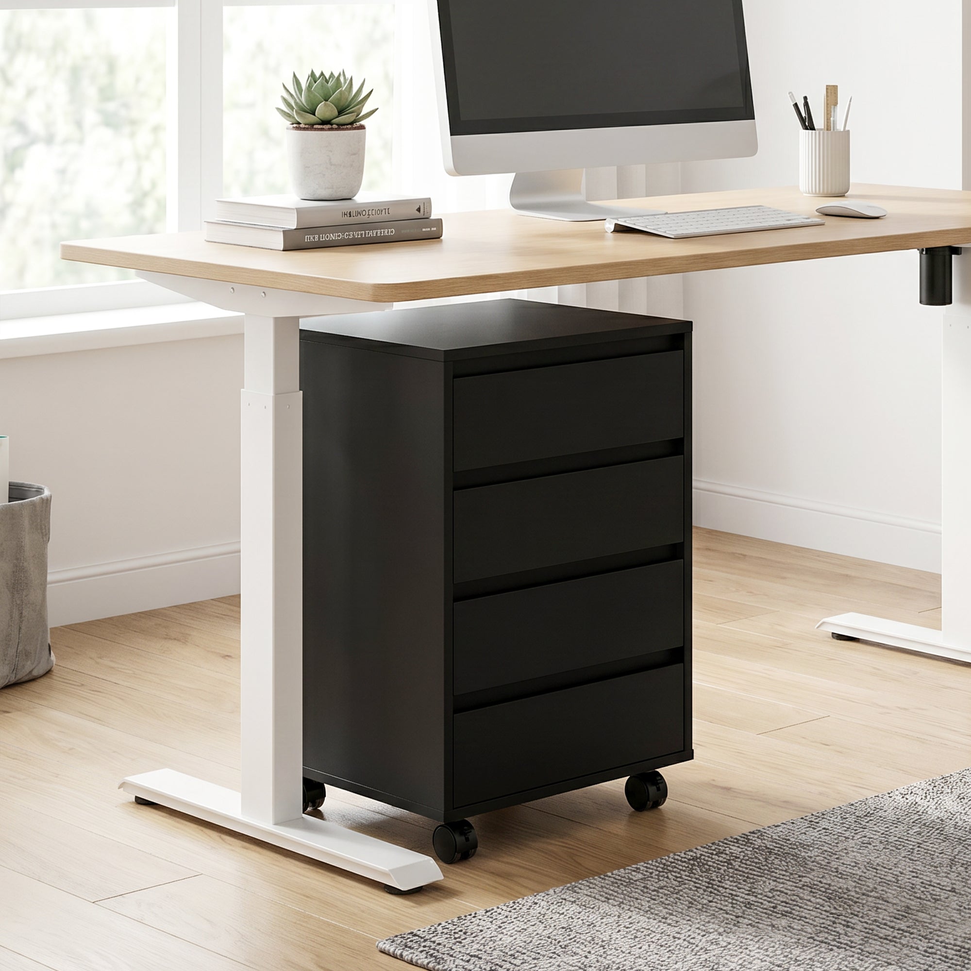 Caisson de bureau rangement bureau sur roulettes 4 tiroirs coulissants en bois aspect bois noir