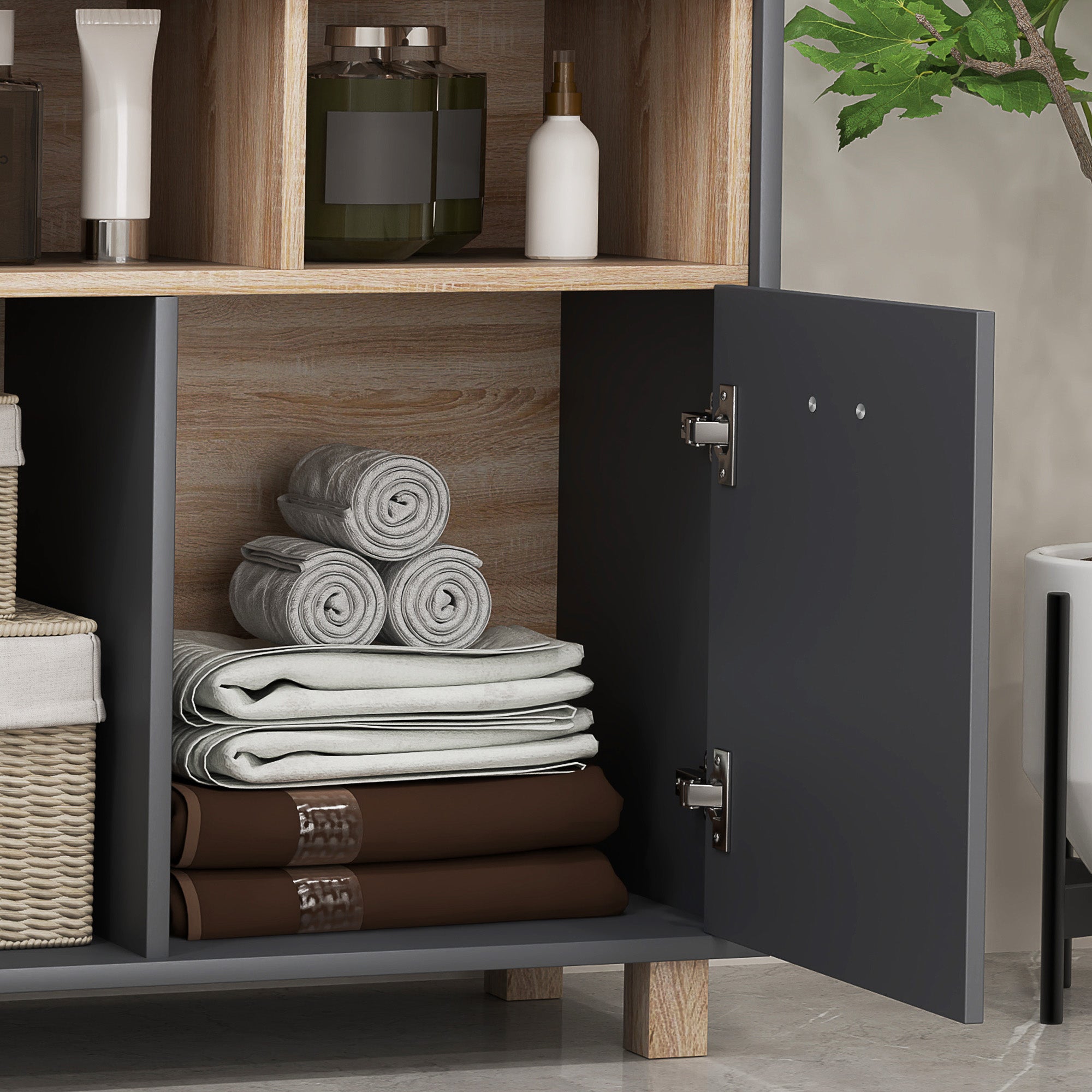 Meuble salle de bain rangement, meuble de rangement style moderne avec compartiments ouverts et portes doubles, armoire pour salle de bain, salon, cuisine - 80l x 35P x 70H cm, gris
