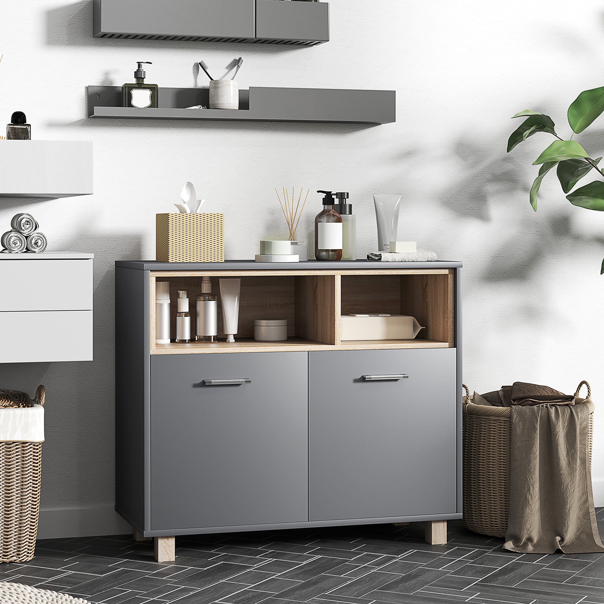 Meuble salle de bain rangement, meuble de rangement style moderne avec compartiments ouverts et portes doubles, armoire pour salle de bain, salon, cuisine - 80l x 35P x 70H cm, gris