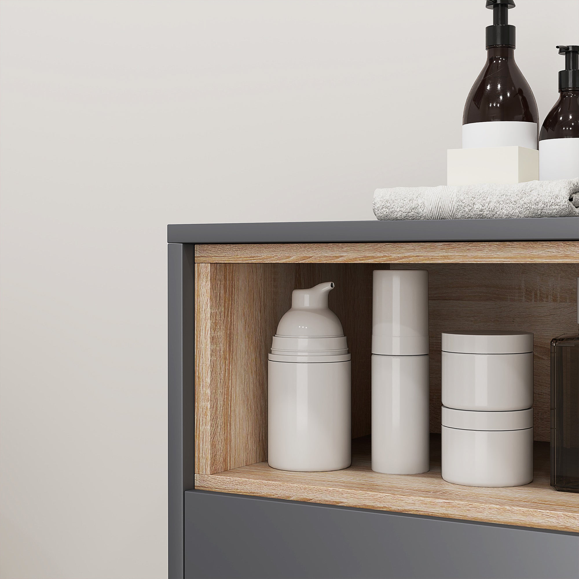 Meuble salle de bain rangement, meuble de rangement style moderne avec compartiments ouverts et portes doubles, armoire pour salle de bain, salon, cuisine - 80l x 35P x 70H cm, gris