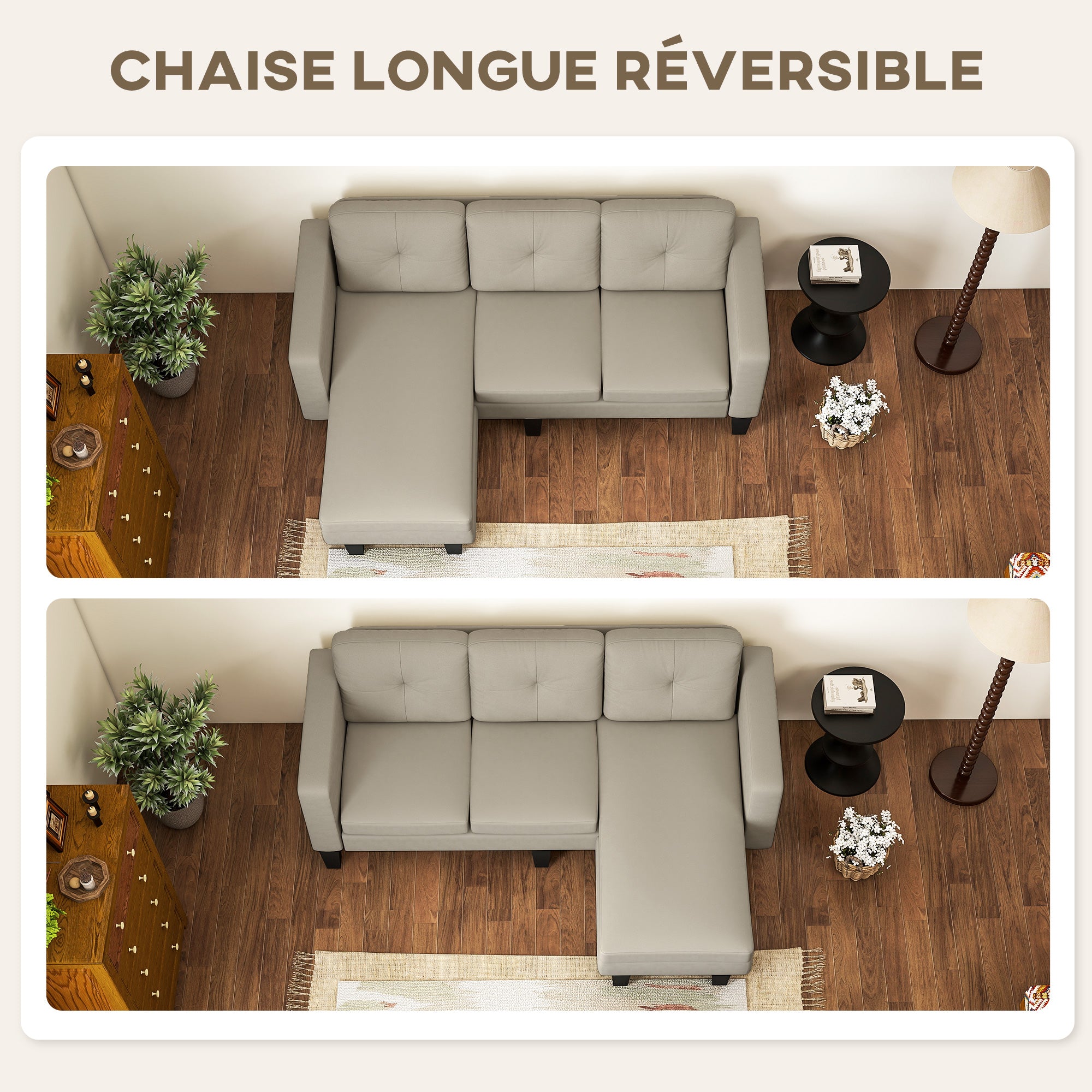 Canapé d'angle 3 Places méridienne réversible droite ou gauche, salon, grand confort, dossier capitonné, beige