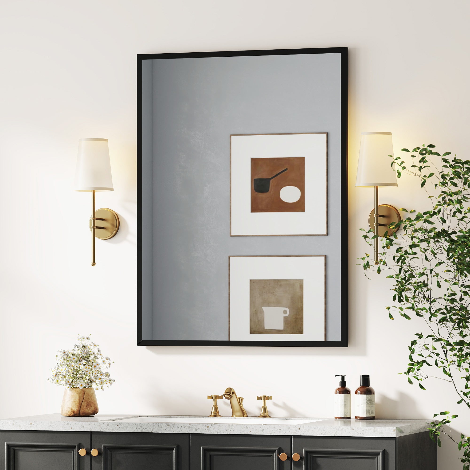 Miroir mural rectangulaire 76 x 101 cm, cadre en bois noir, idéal pour la salle de bain, salon ou chambre