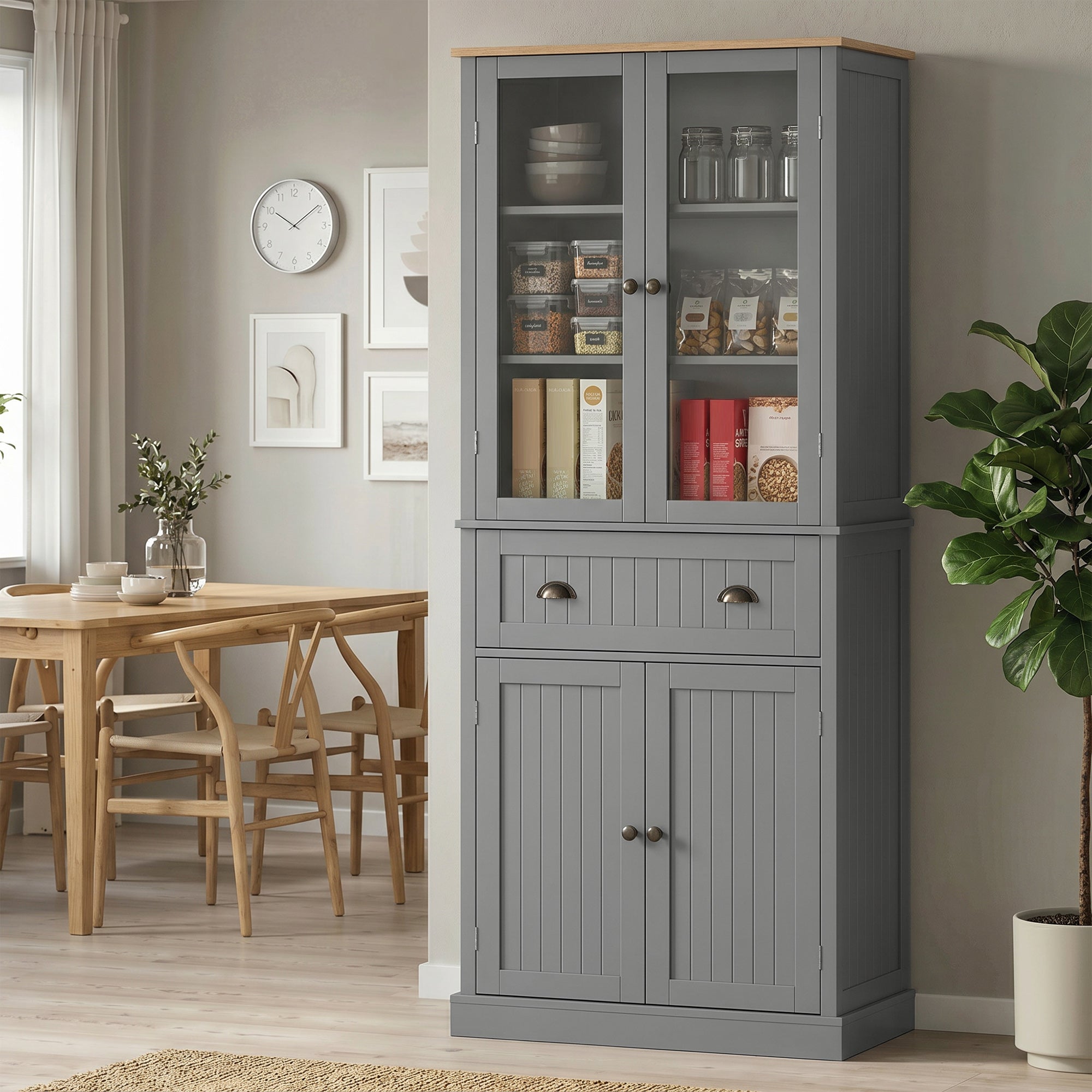 Buffet meuble cuisine rangement armoire de cuisine 4 portes dont 2 portes vitrées et 1 tiroir hauteur 182,5 cm avec étagères réglables - gris