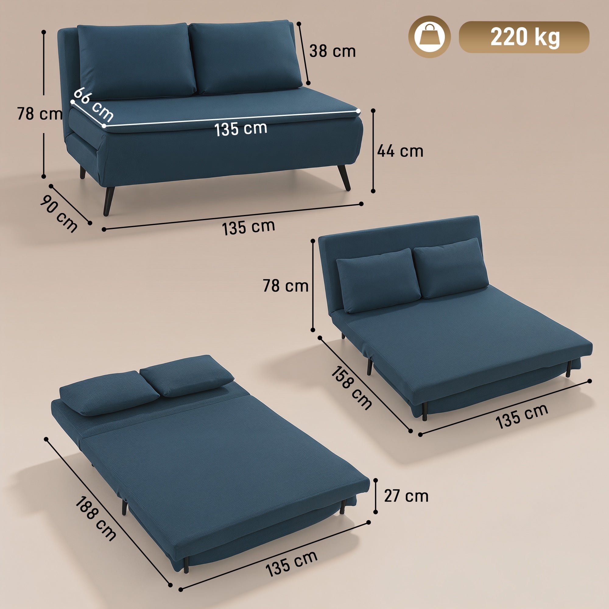 Canapé Convertible 2 Places, 135 x 188 cm, Canapé-Lit Clic-Clac 3 en 1 avec Dossier Réglable, Oreillers, Assise Large, Ressorts en S, Rembourré en Lin, pour Invités, Salon, Bureau, Bleu