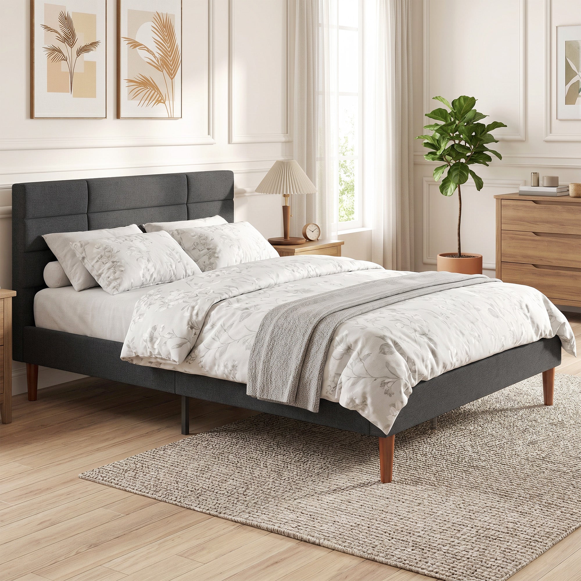 Cadre de Lit 140 x 200 cm avec Sommier Bois, Lit Double Rembourré en Effet Lin, 9 Pieds Robustes Supporte 500 KG, Tête de Lit Quadrillé, Rangement au-dessous, Sans Bruit, Montage Facile, Gris