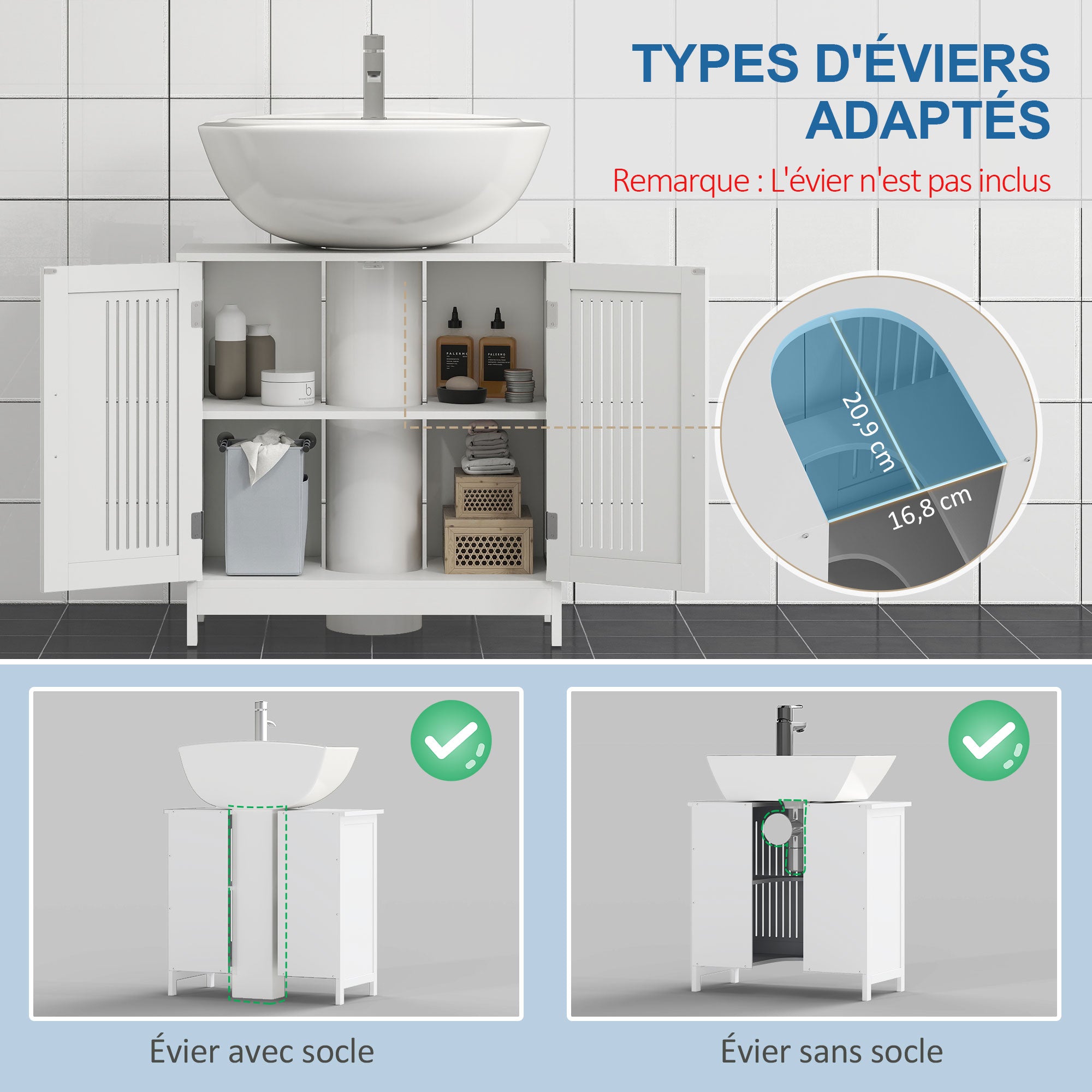 Meuble sous lavabo salle de bain - meuble sous-vasque - 2 portes rainurées avec étagère réglable - poignées alliage aluminium - dim. 60L x 30l x 60H cm - MDF blanc