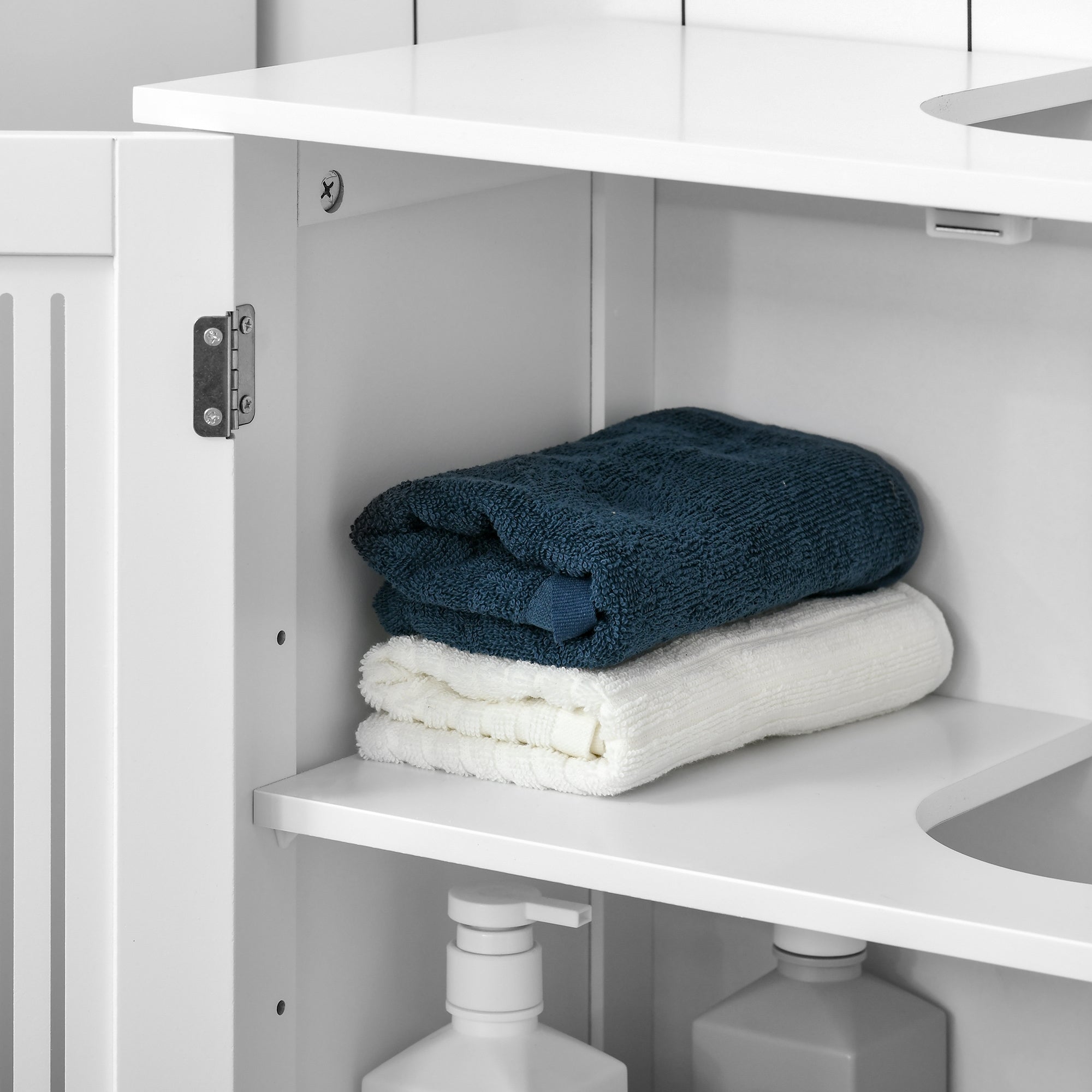 Meuble sous lavabo salle de bain - meuble sous-vasque - 2 portes rainurées avec étagère réglable - poignées alliage aluminium - dim. 60L x 30l x 60H cm - MDF blanc