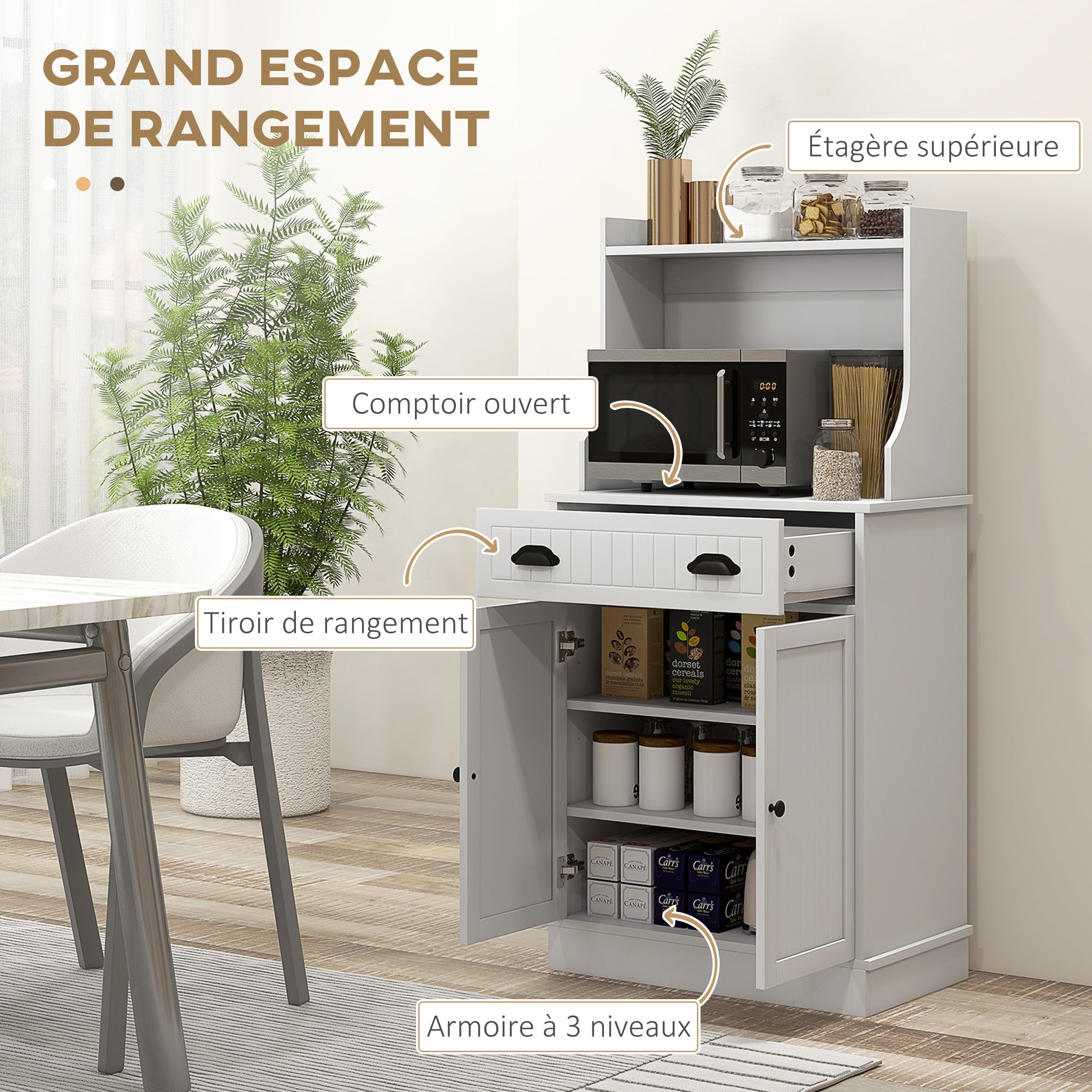 Meuble micro-ondes, armoire cuisine, étagère réglable sur 3 niveaux, avec espace ouvert, 1 tiroir et placard 2 portes, meuble de cuisine, design moderne, 61 x 35 x 125,4 cm, blanc