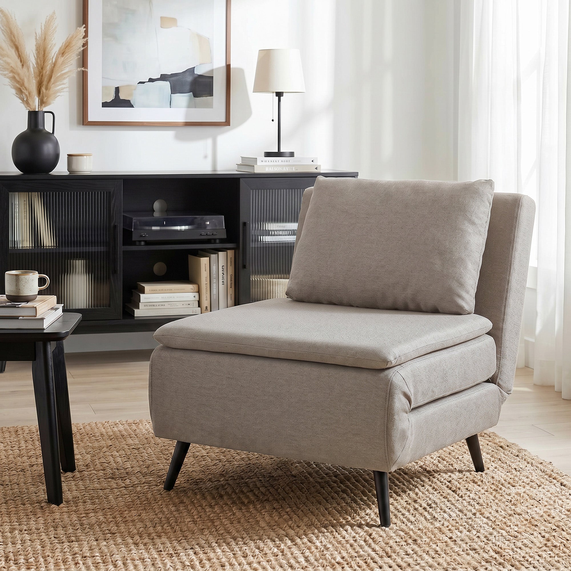 Fauteuil Convertible 1 Place, Fauteuil-Lit Clic-Clac 3 en 1 avec Dossier Réglable, Oreiller, Assise Large, Ressorts en S, Canapé-Lit Rembourré en Lin pour Invités, Salon, Bureau, Marron Clair