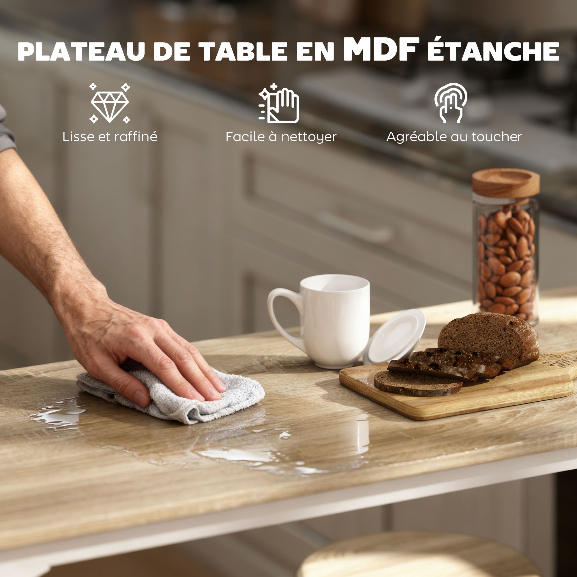 Ensemble table de bar bistrot avec 4 tabourets de bar, ensemble table haute cuisine et tabourets, avec repose-pieds, style moderne, structutre en métal, pour cuisine, salle à manger, naturel