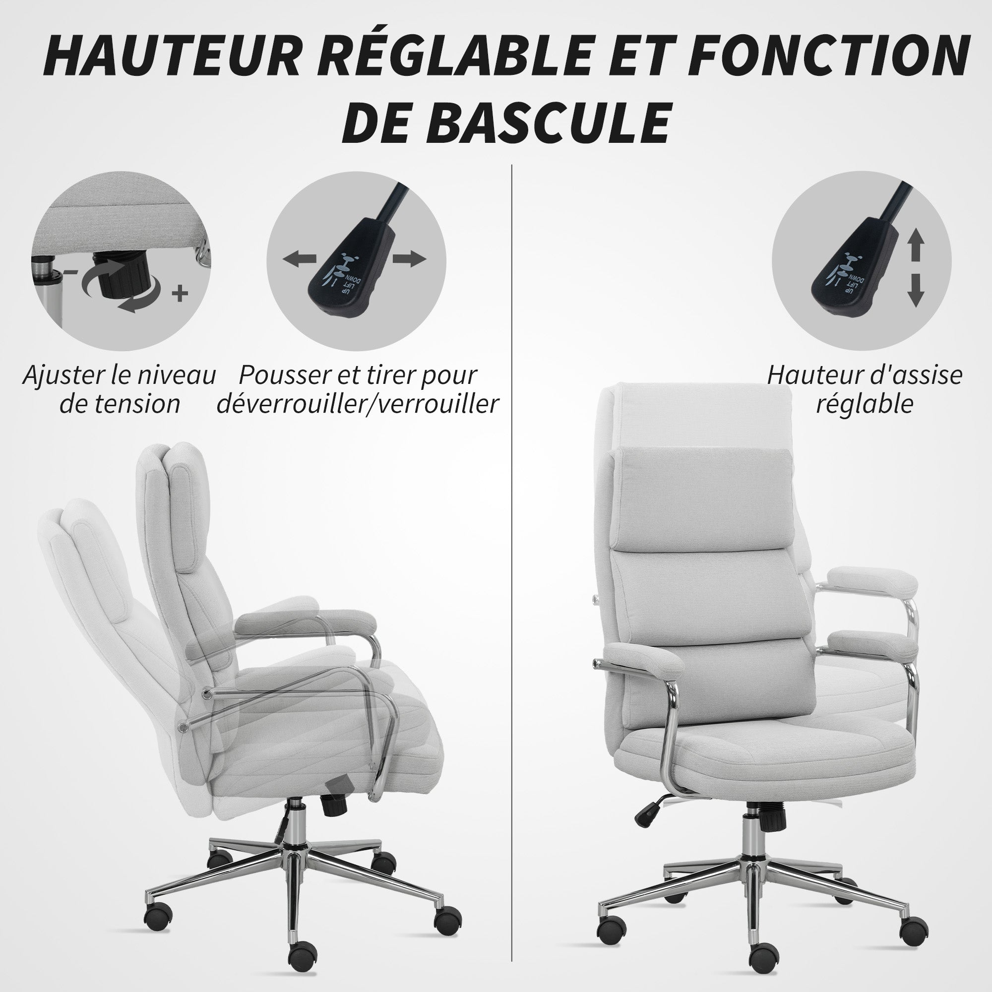 Fauteuil de bureau, chaise de bureau ergonomique avec hauteur réglable, fonction de bascule, tissu en lin, chaise d'ordinateur pour chambre, télétravail, charge 120 Kg, gris clair