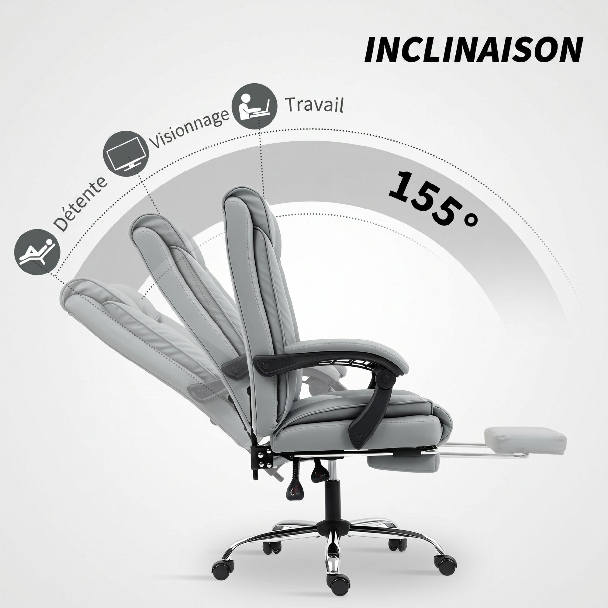 Chaise de Bureau Ergonomique, Fauteuil de Bureau Inclinable avec Repose-Pieds, Hauteur Réglable, Rembourrage Double Couche, Pivotante 360°, Revêtement Synthétique Résistant pour Animaux, Gris