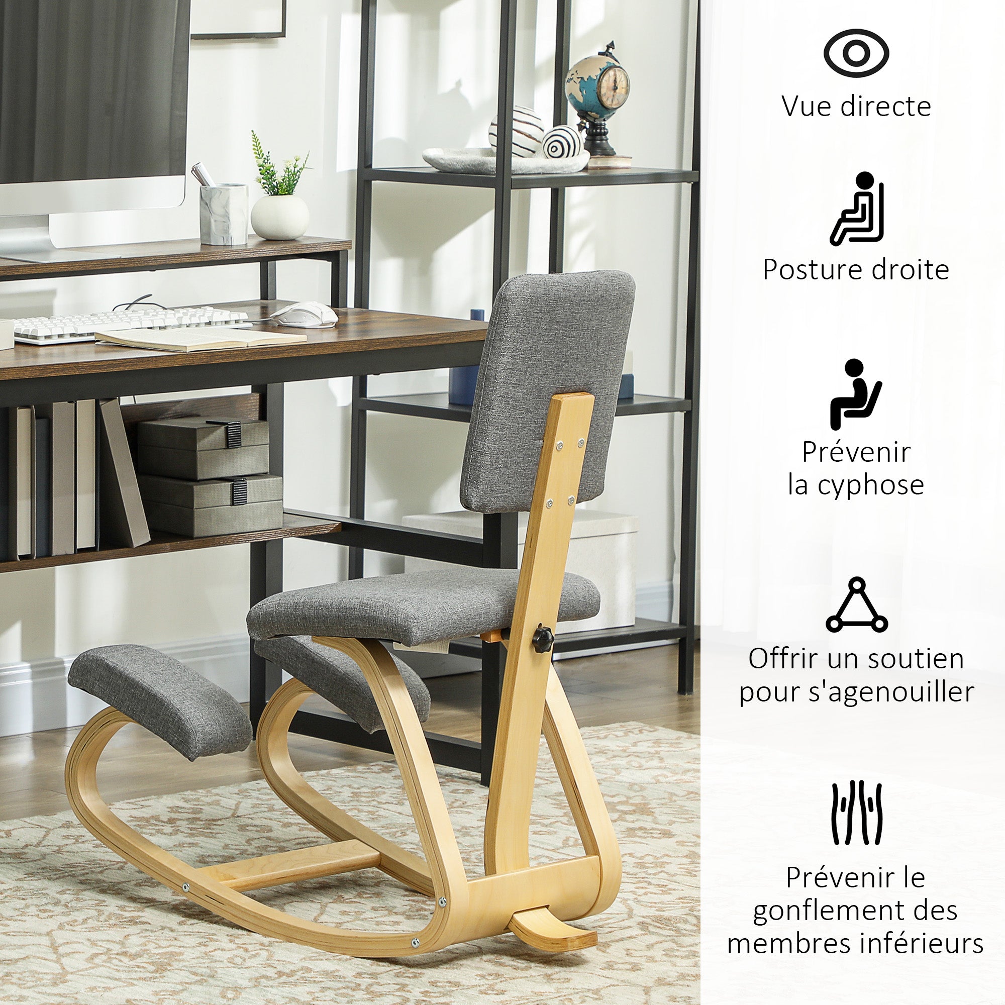 Chaise à genoux ergonomique avec dossier, siège assis genoux à bascule, tabouret ergonomique en bois, tabouret bureau orthopédique, correcteur de posture, soulager les douleurs au dos, gris
