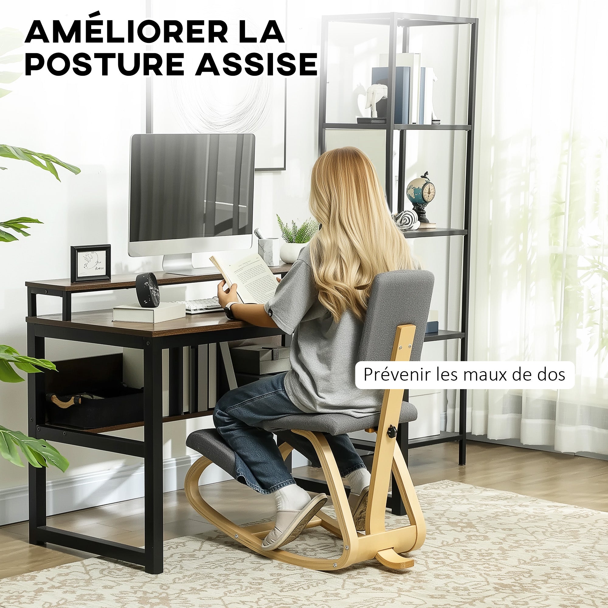Chaise à genoux ergonomique avec dossier, siège assis genoux à bascule, tabouret ergonomique en bois, tabouret bureau orthopédique, correcteur de posture, soulager les douleurs au dos, gris