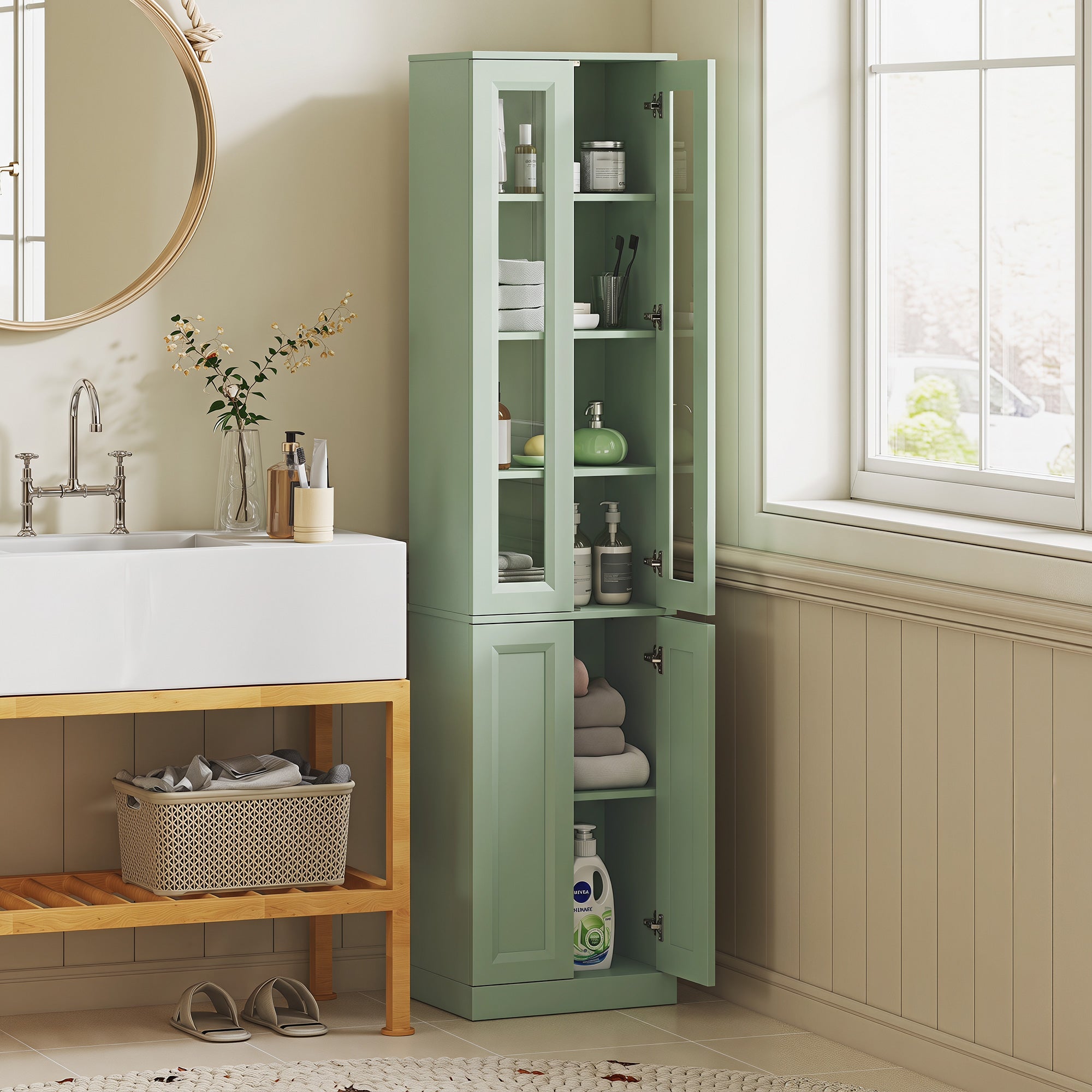 Meuble de Salle de Bain 6 niveaux, Meuble de Rangement, Colonne Salle de Bain, 4 Portes à Fermeture Douce dont 2 Acrylique, Étagères Réglables, pour Salon, Chambre, Buanderie, 38x26x160cm, Vert