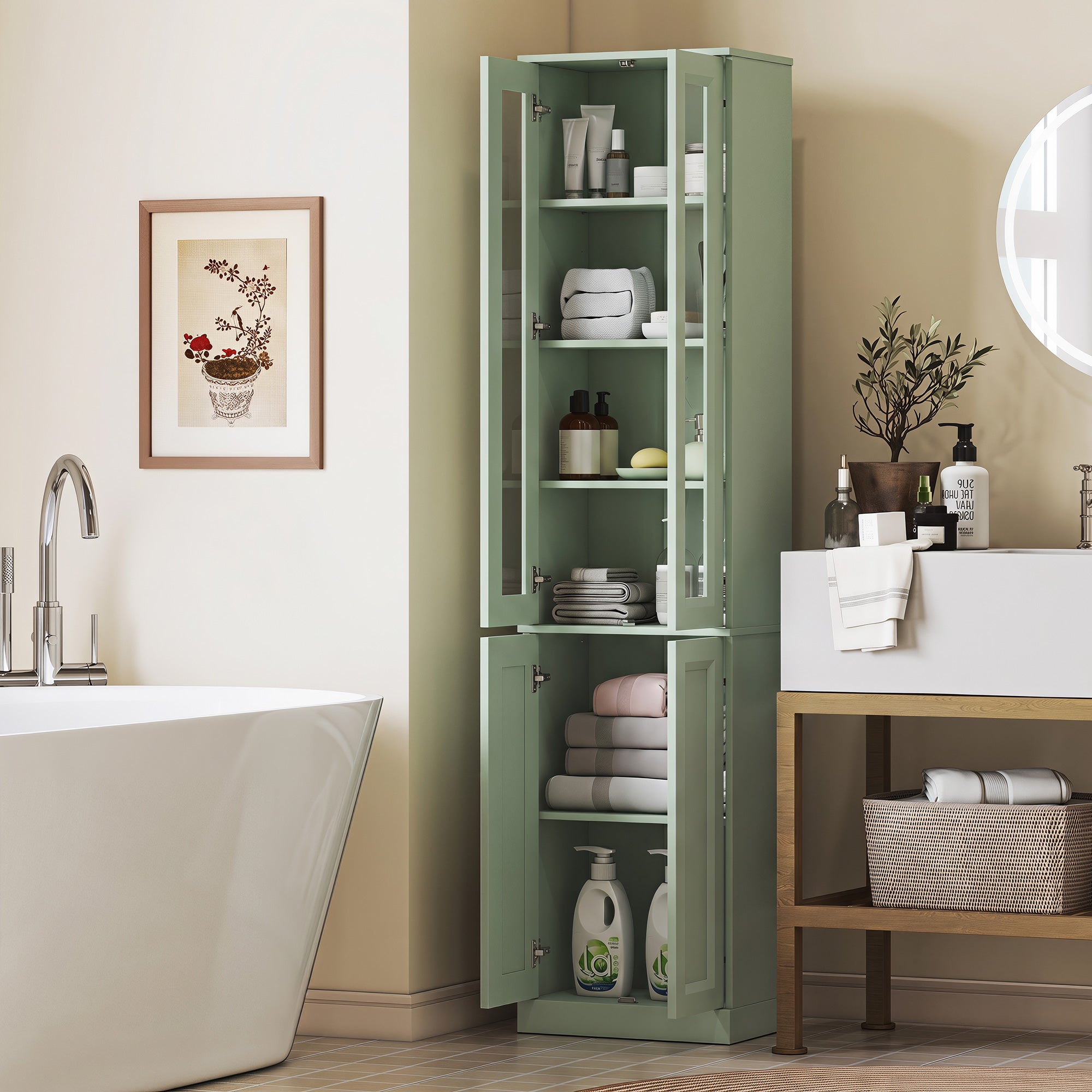 Meuble de Salle de Bain 6 niveaux, Meuble de Rangement, Colonne Salle de Bain, 4 Portes à Fermeture Douce dont 2 Acrylique, Étagères Réglables, pour Salon, Chambre, Buanderie, 38x26x160cm, Vert